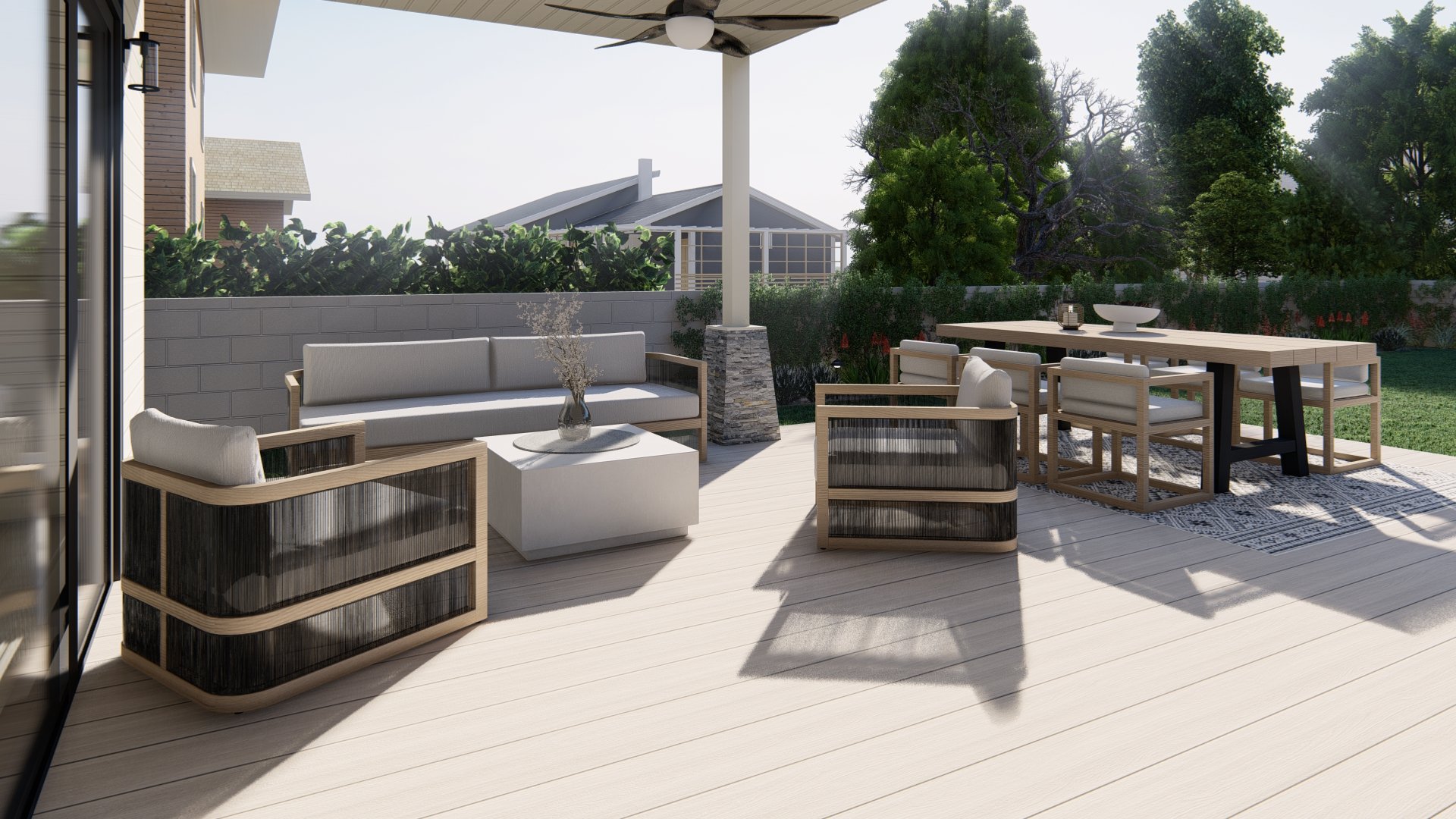 Backyard composite deck with Capri living room set and outdoor dining room.