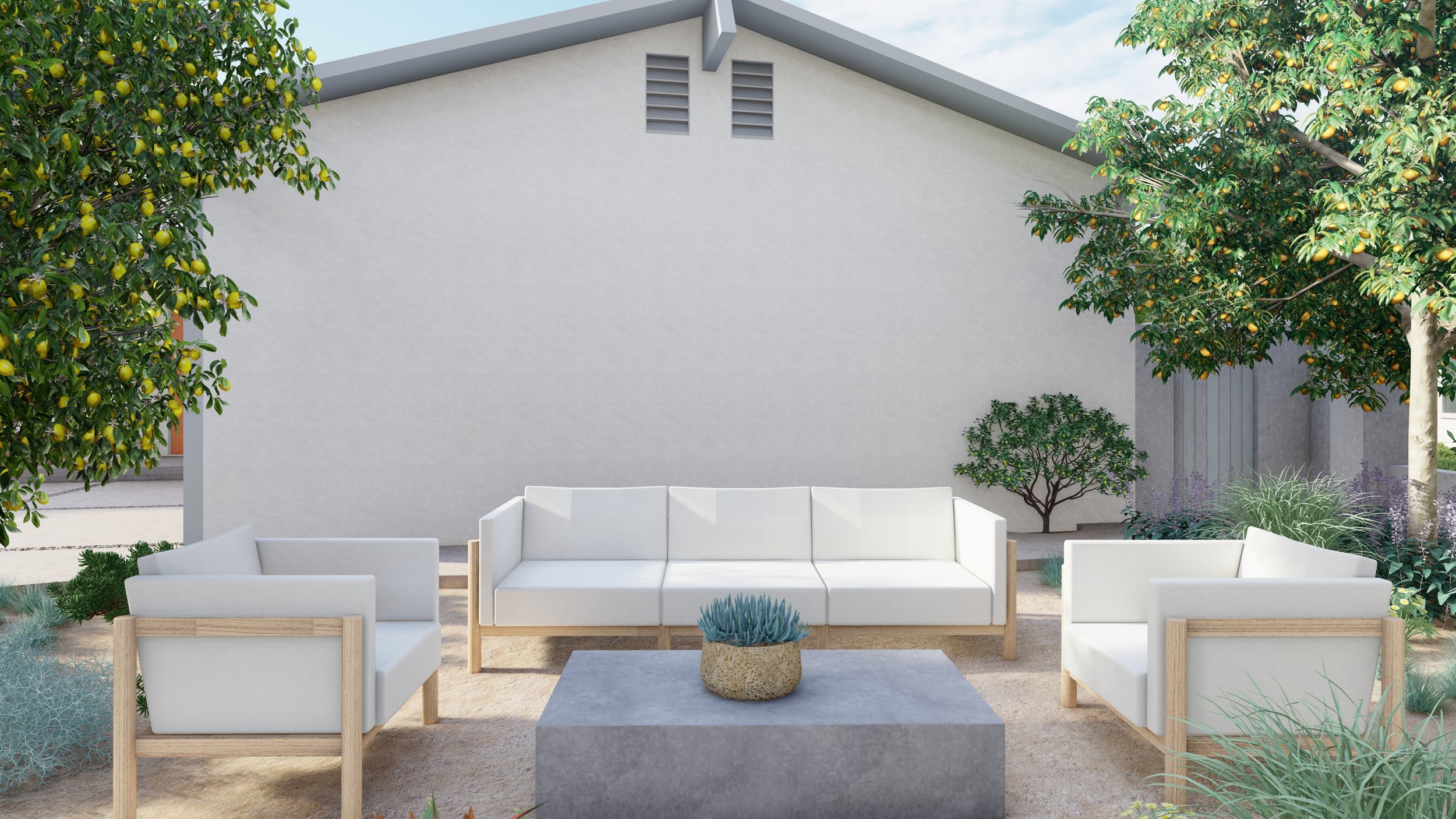 The Sofa and two chairs in California backyard design.