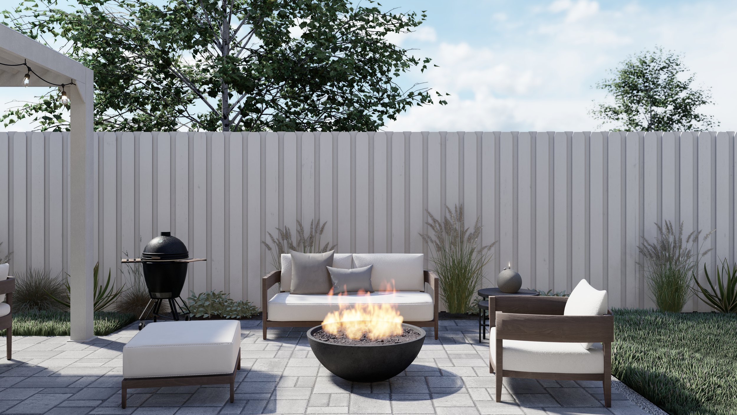 Backyard design render with Balmain teak sofa on paver patio with fire pit and lounge chair.