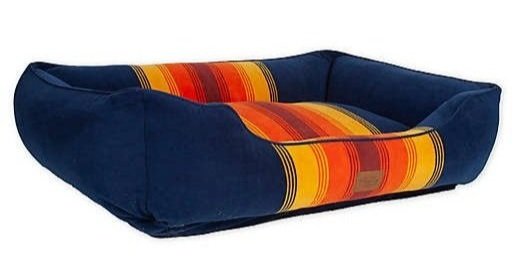 Pendleton dog bed in multicolor, navy blue, yellow, orange and burgundy.