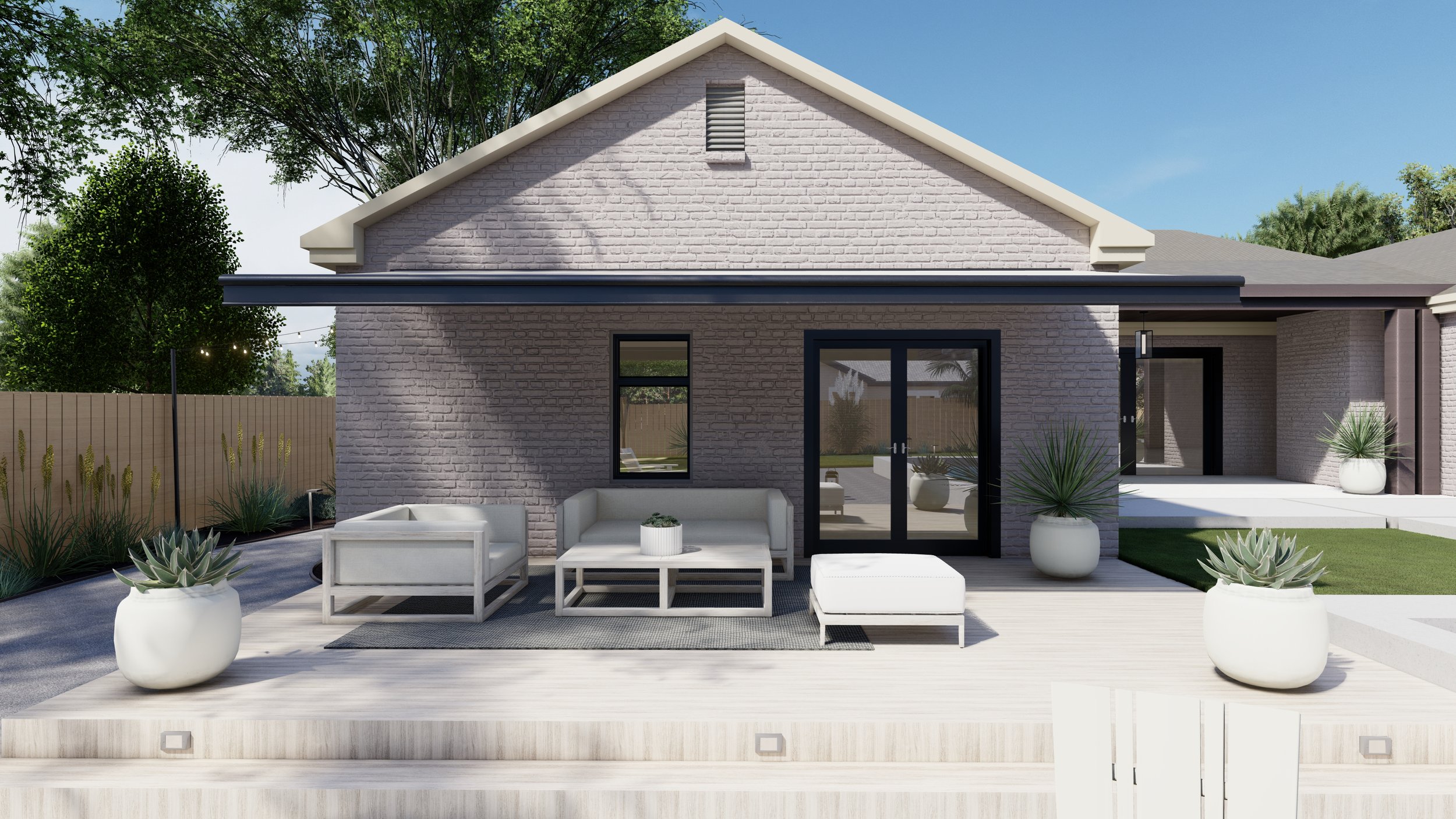 Backyard design with covered back deck and teak outdoor living room set.