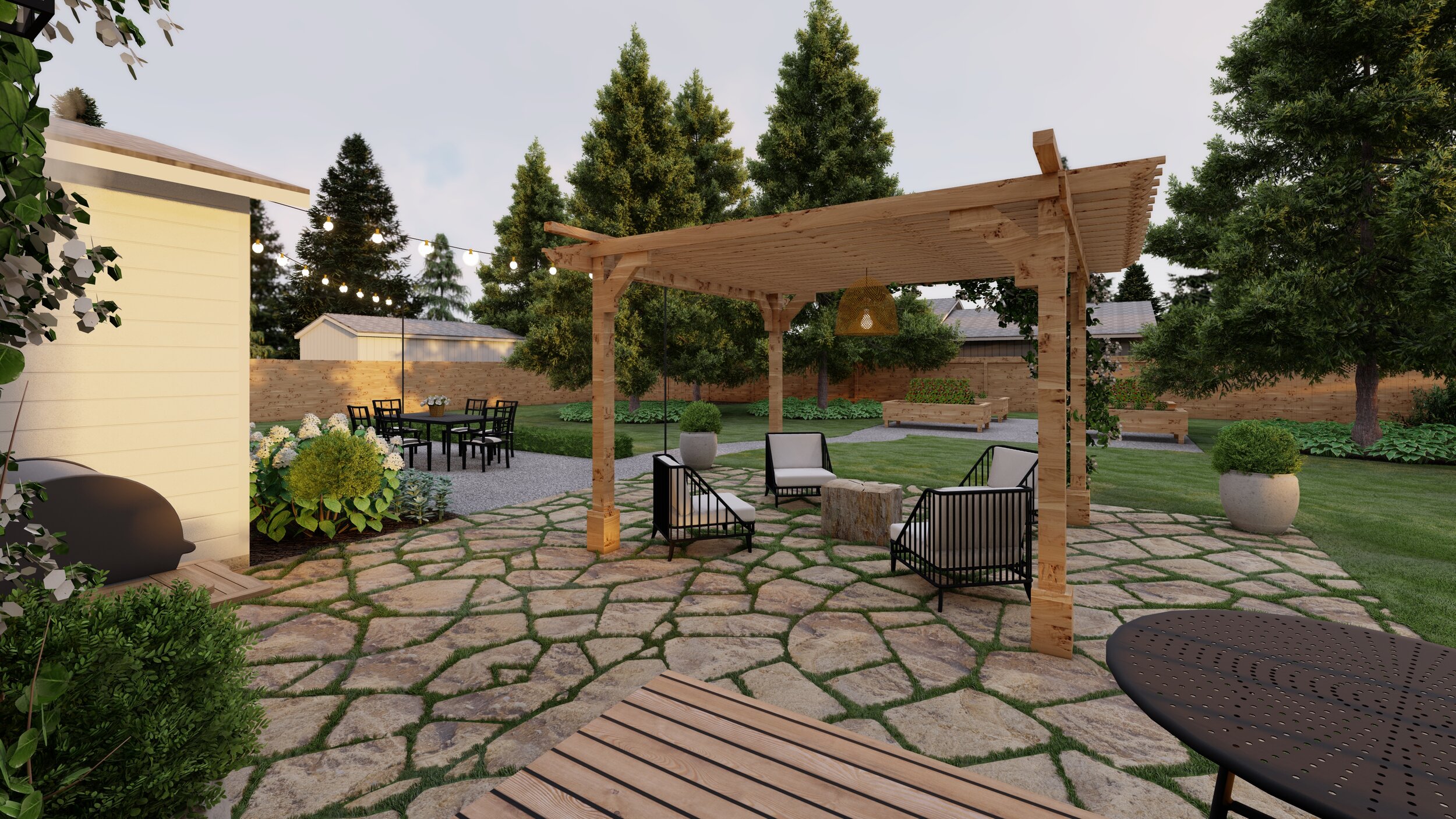 Backyard view of outdoor lounge area under wooden pergola near bbq grill and raised planter beds