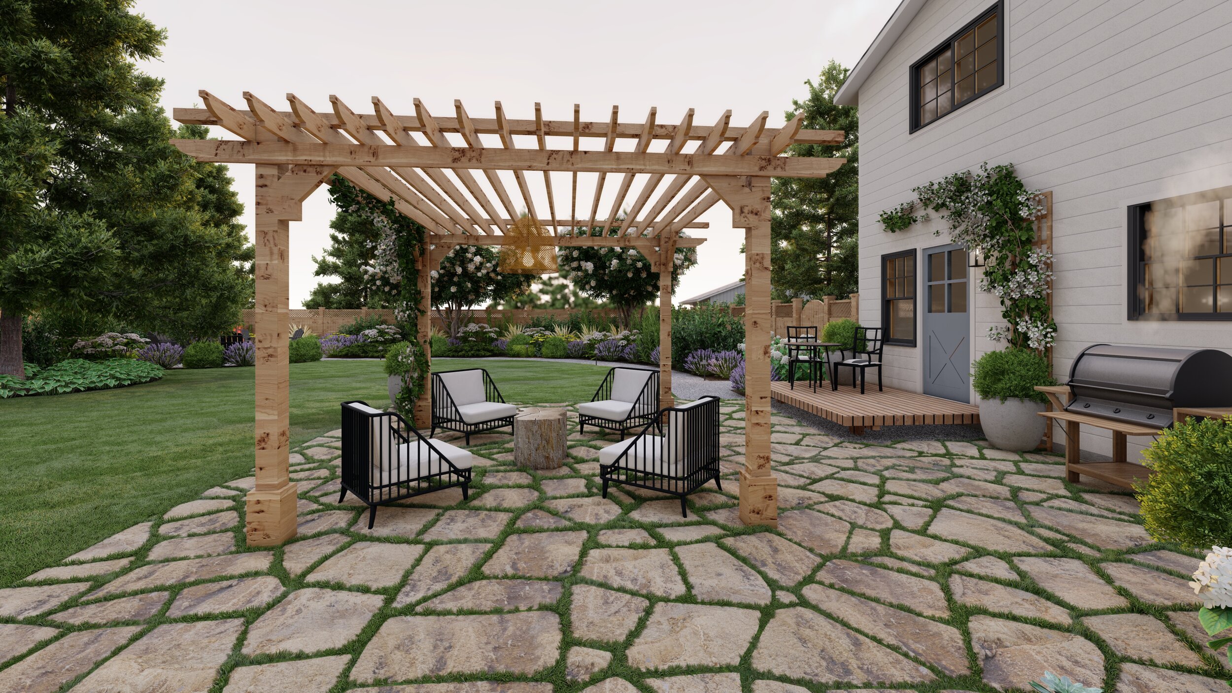 Backyard view of outdoor lounge area under wooden pergola near bbq grill