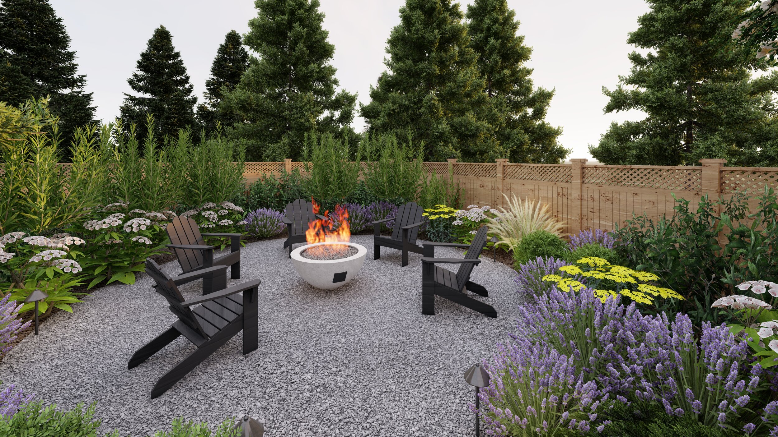 Backyard view of fire pit area with black adirandack chairs around fire pit