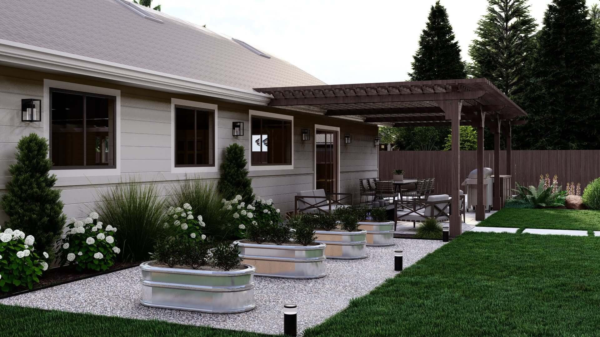 A steady clip of rustic trough planters makes a graphically compelling scene out of a gravel expanse in this design.
