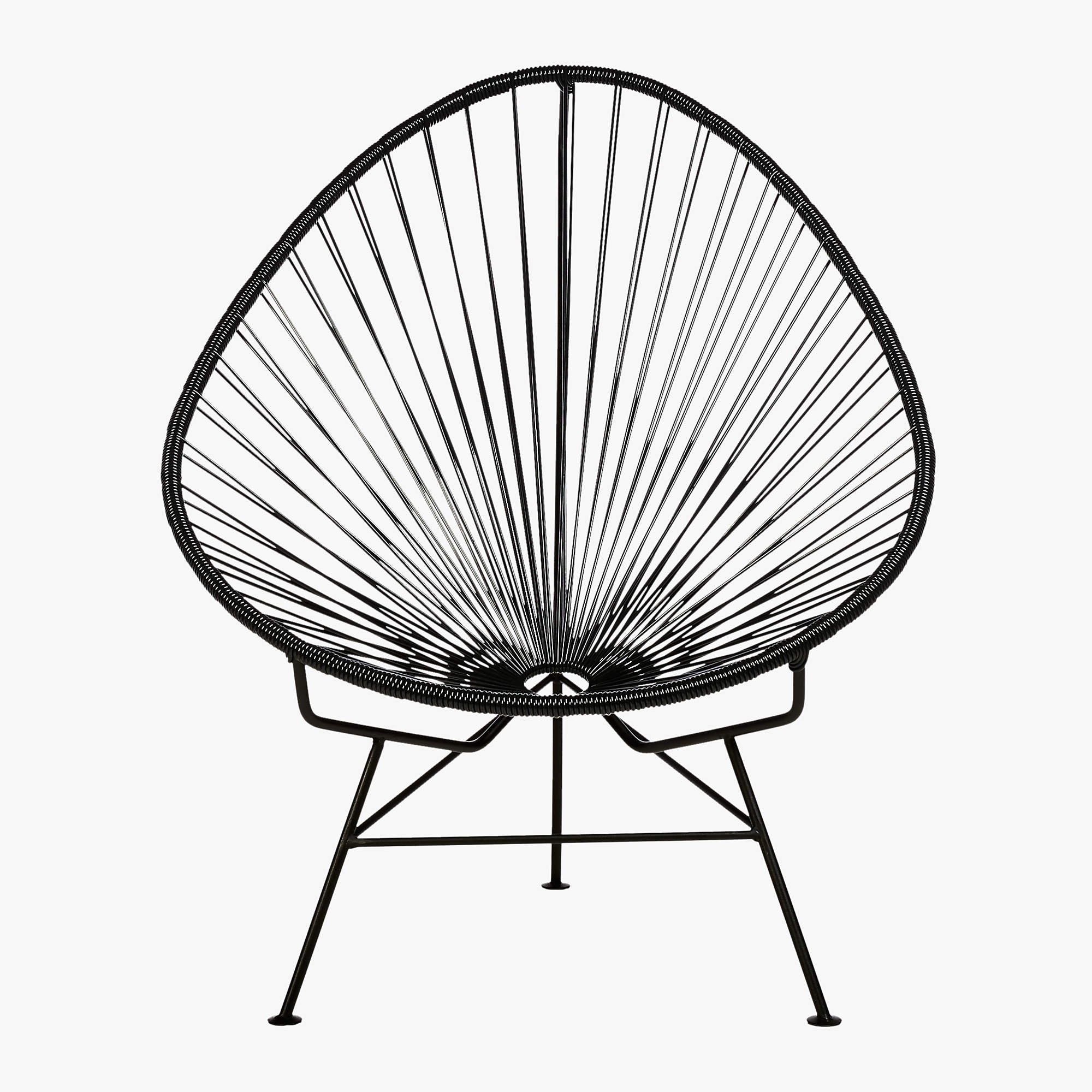 Acapulco black lounge chair from CB2 has a round and modern profile achieved by its black powdercoated steel and PVC cord frame.