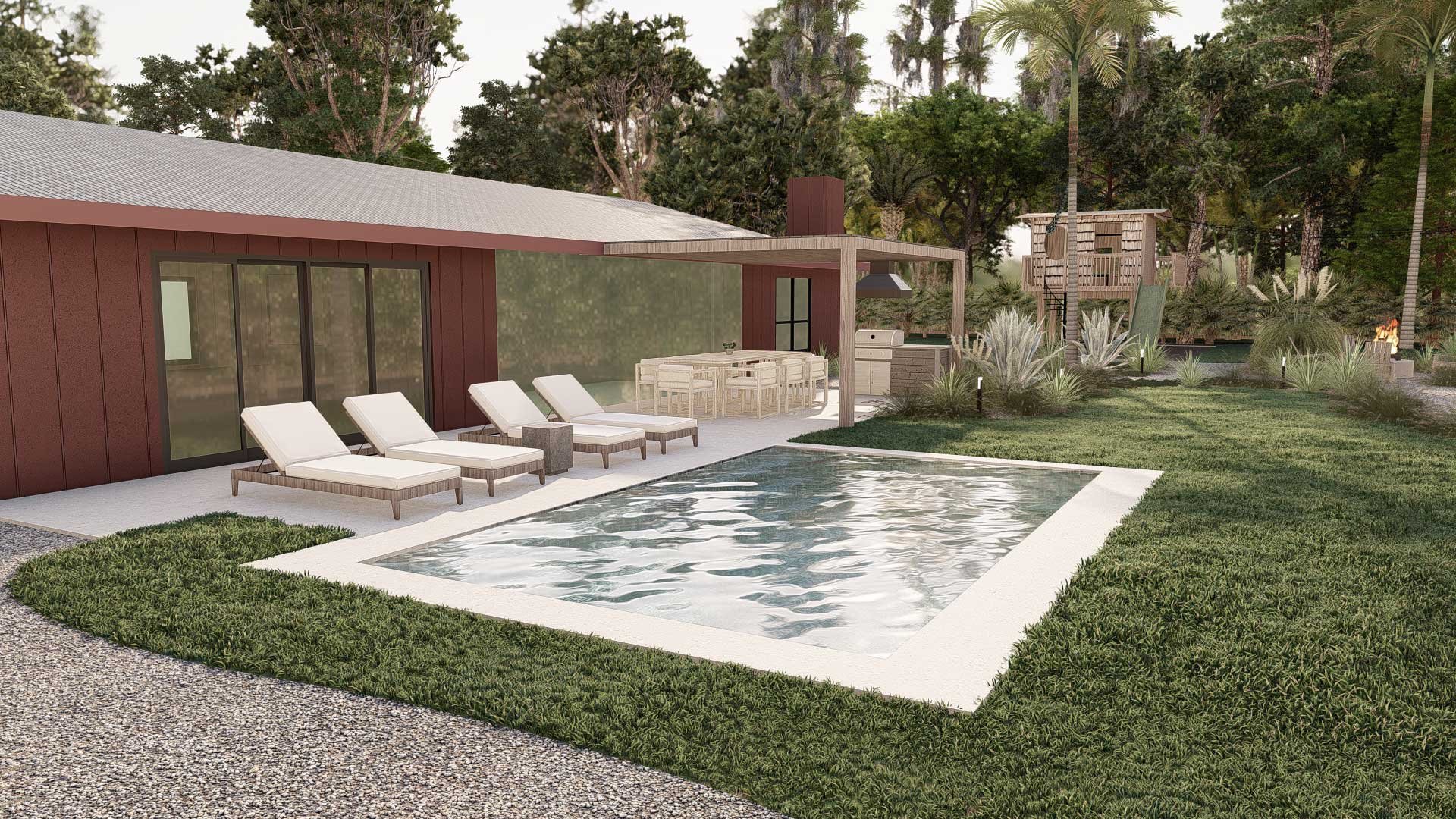 Backyard with plunge pool and outdoor lounge area 