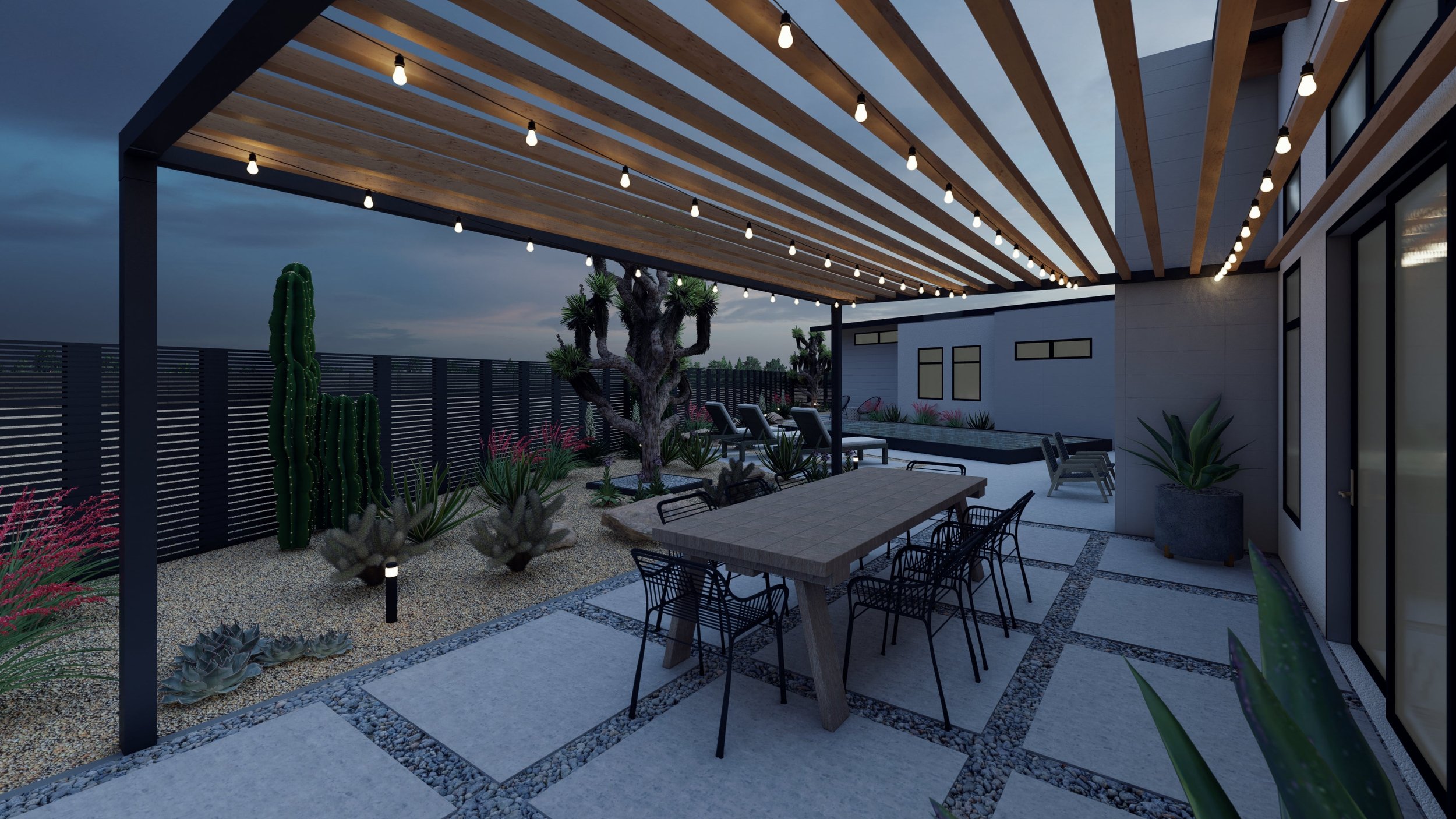 String lighting traces the boards of the pergola ceiling, adding an appealing glow while keeping views of the night sky clear.