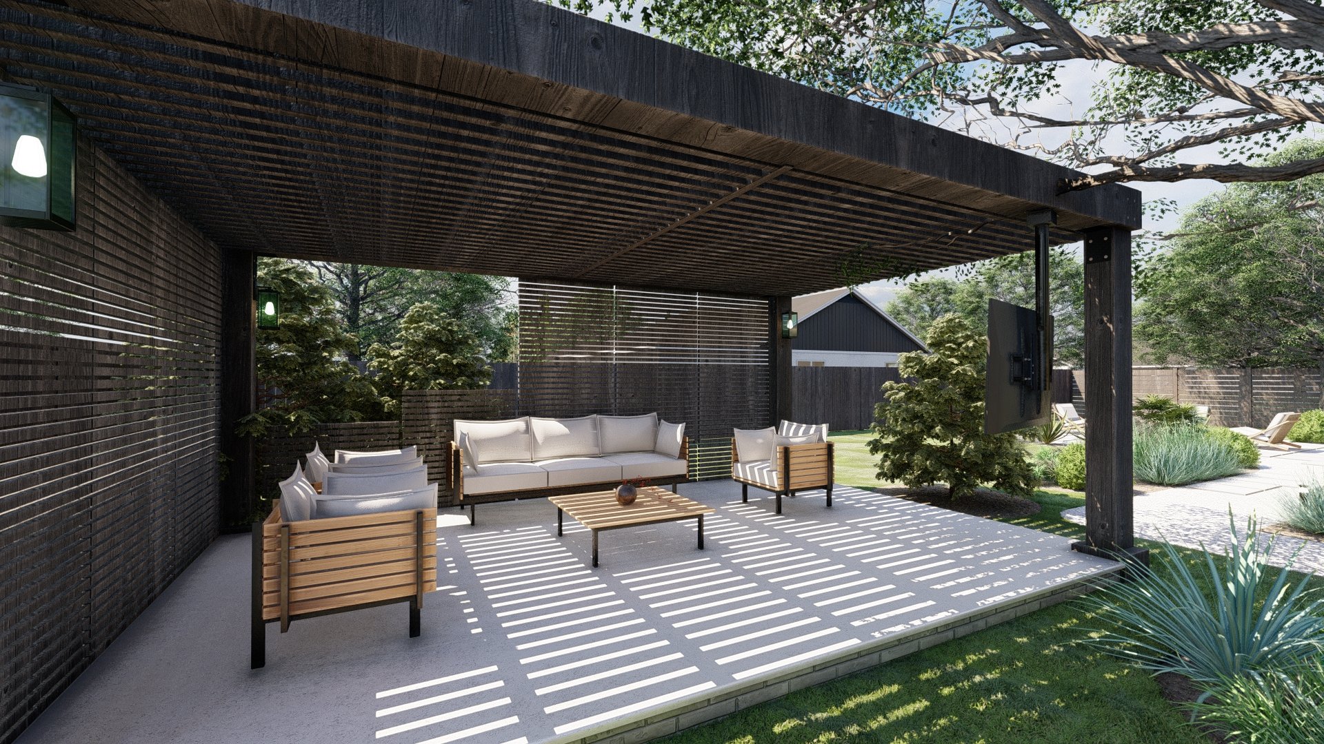 Modern slab patio with dark slatted pergola and Jasper outdoor furniture set by Rejuvenation.