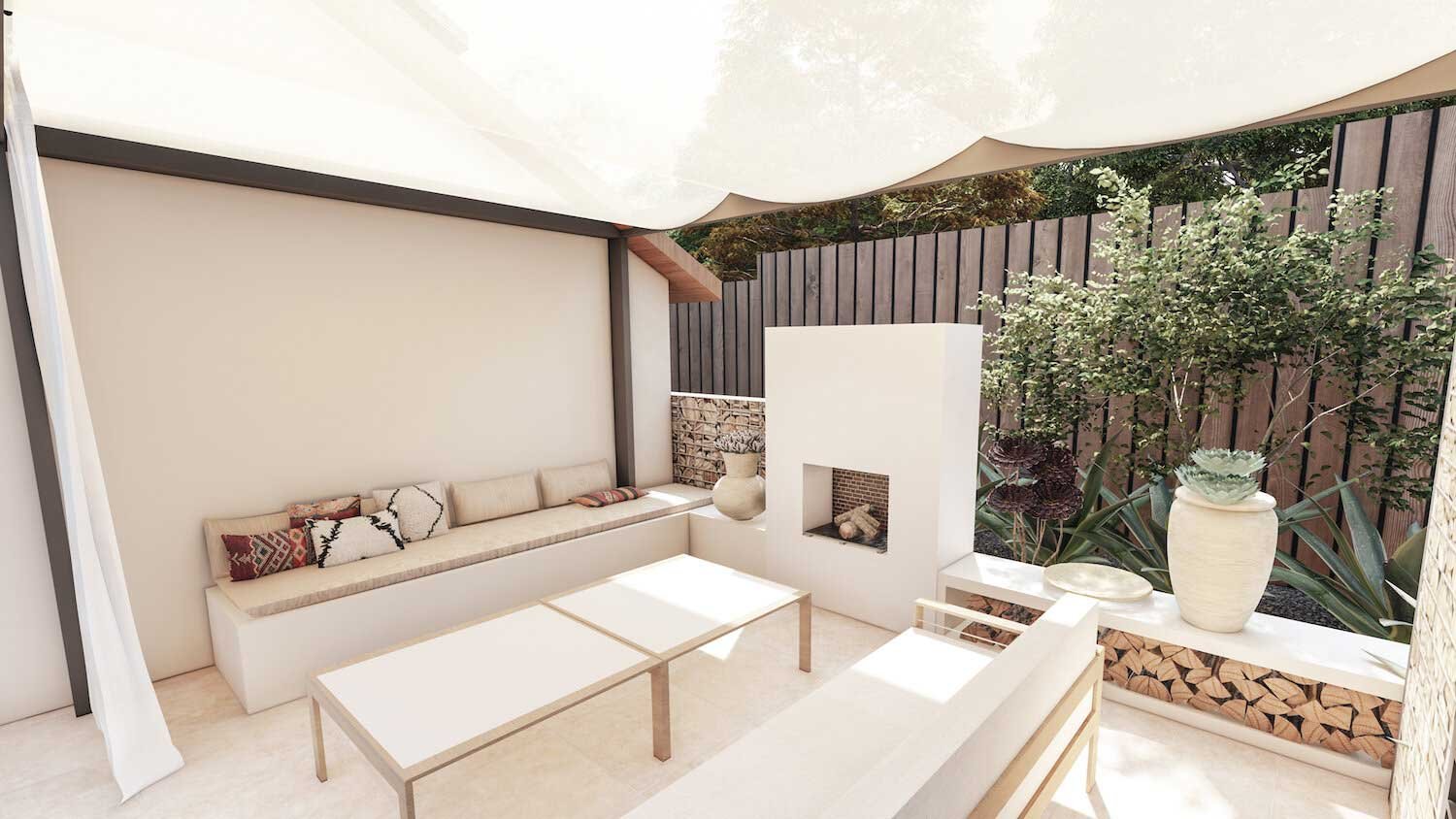 Outdoor room with lounge couches and fireplace
