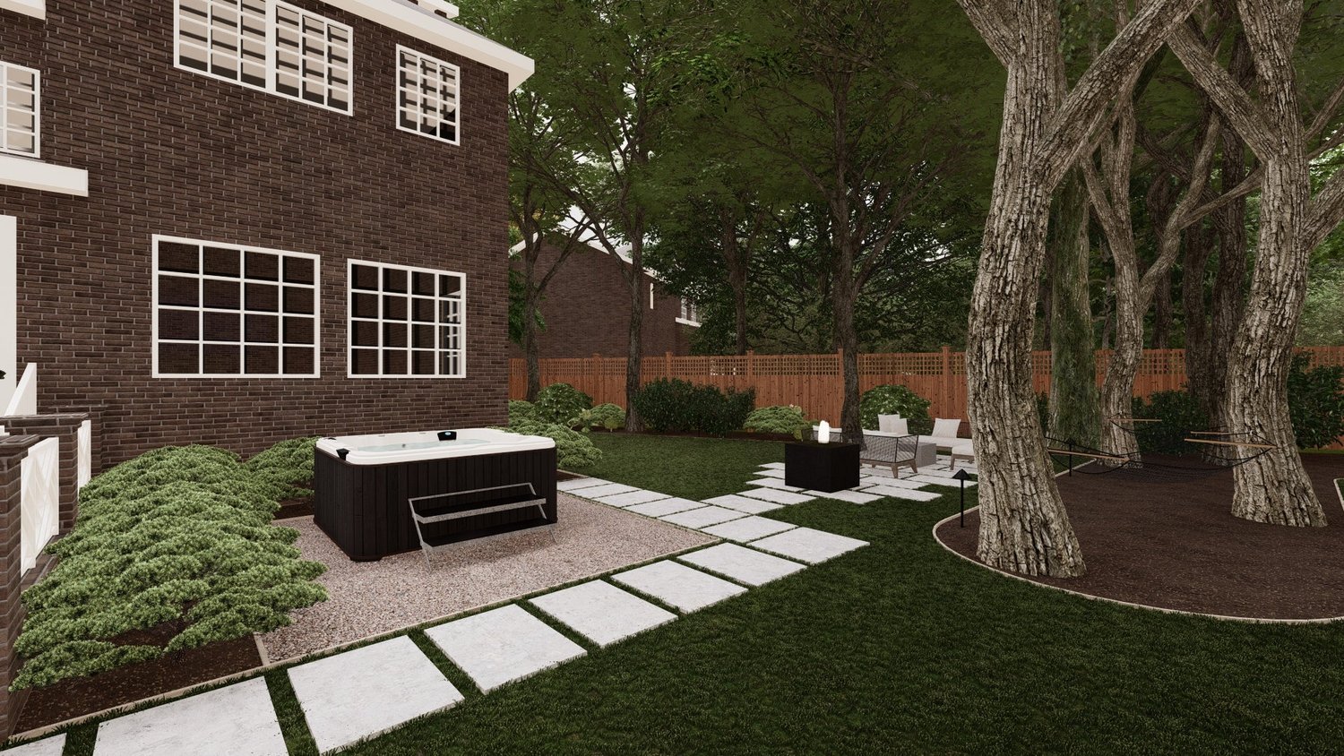 Burlington yard with paver, lawn, trees, hot tub and patio