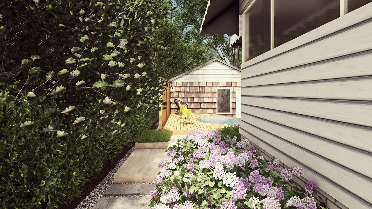 Burlington yard with flowers, wooden deck and sitting area