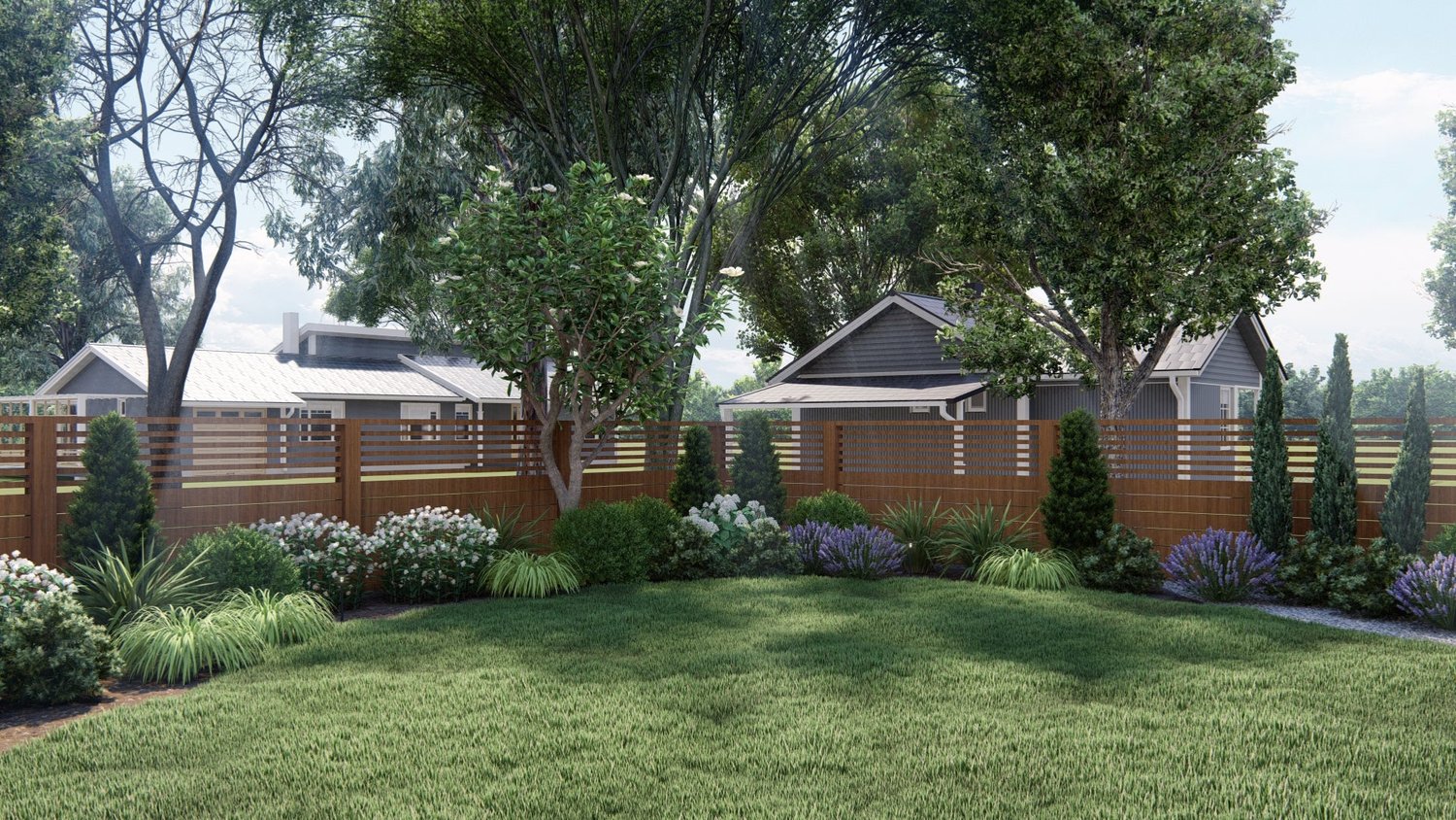 Burlington yard with garden and trees enclosed in wooden fence