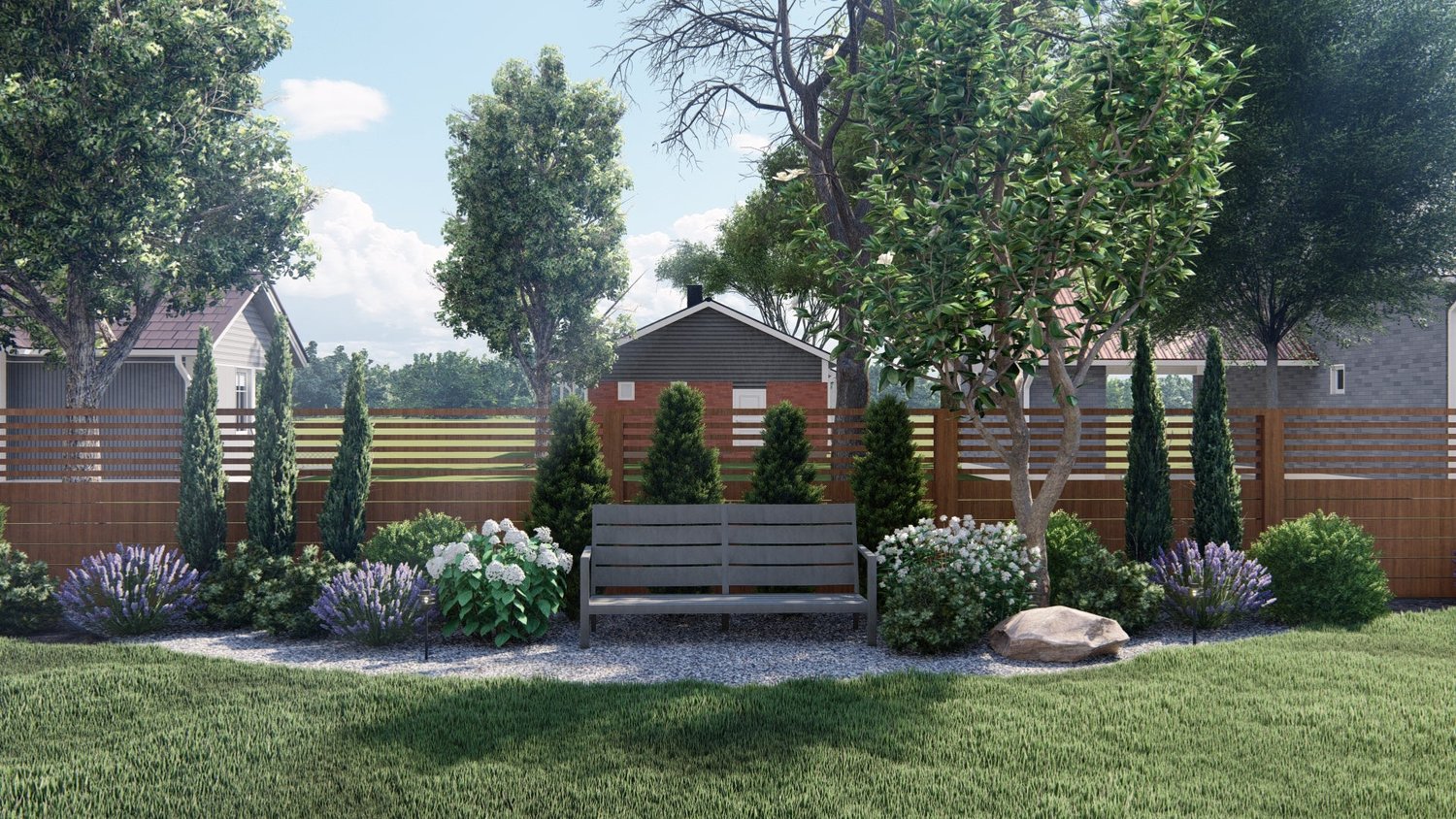 Burlington yard with garden and trees with an outdoor chair enclosed in wooden fence