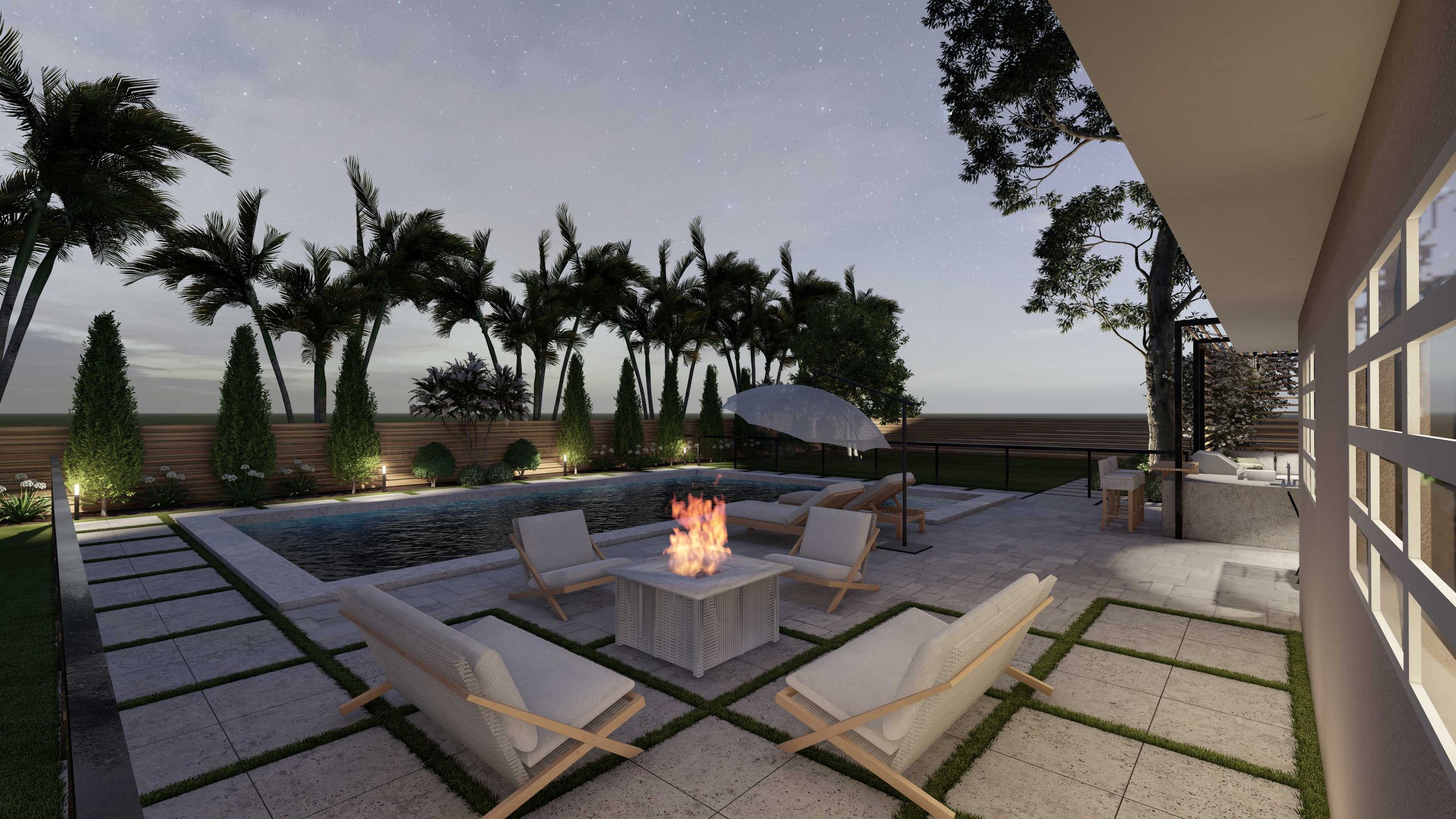 Nighttime view of backyard with covered outdoor dining area and outdoor kitchen near an in ground swimming pool near lounge area with fire pit