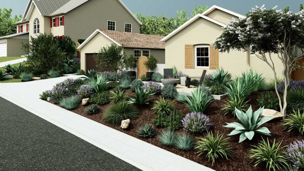Suburban front yard with mulched planting areas surrounding a fire pit seating area