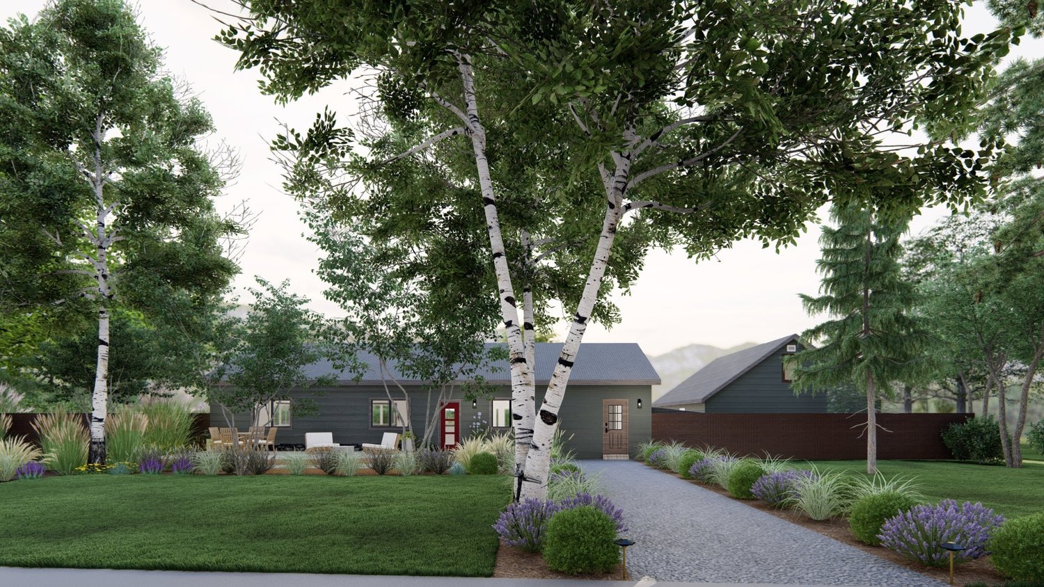 Cheyenne front yard design with trees and plants, and concrete pathway