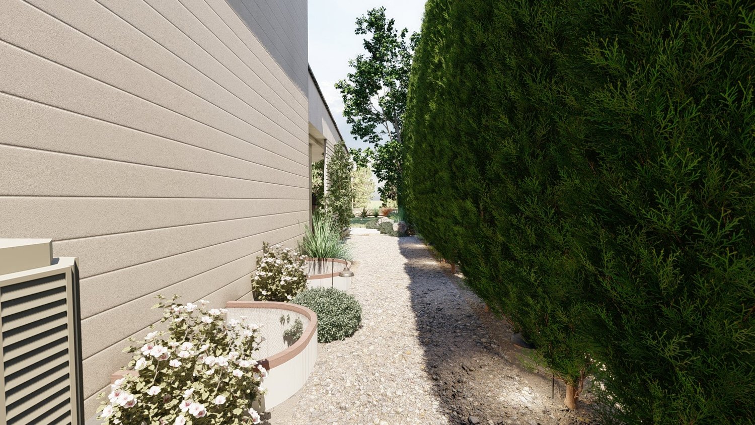Cheyenne side yard with plants and privacy tree hedges