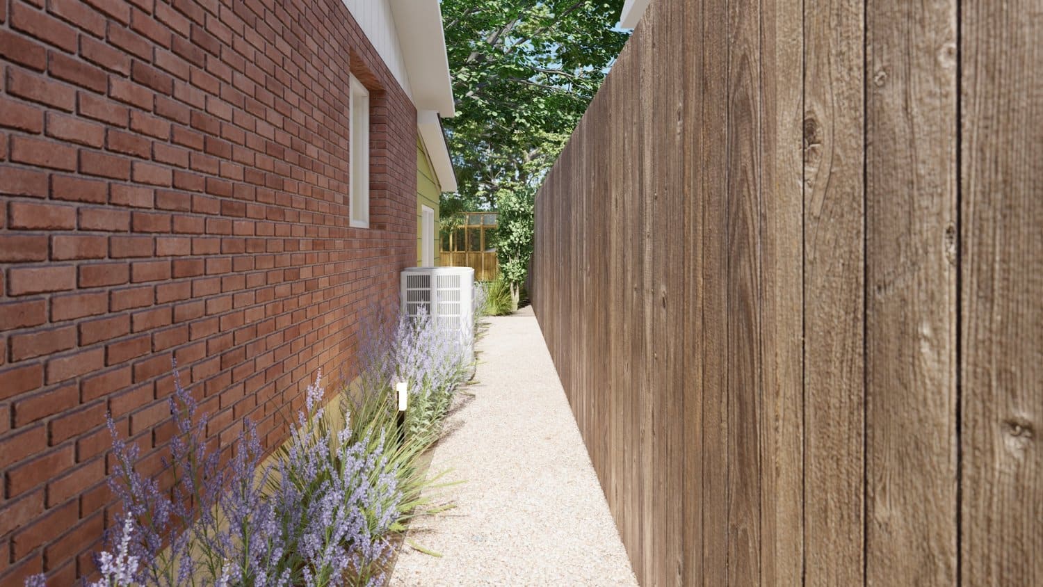 Cheyenne side yard walkway with plants and wooden fence