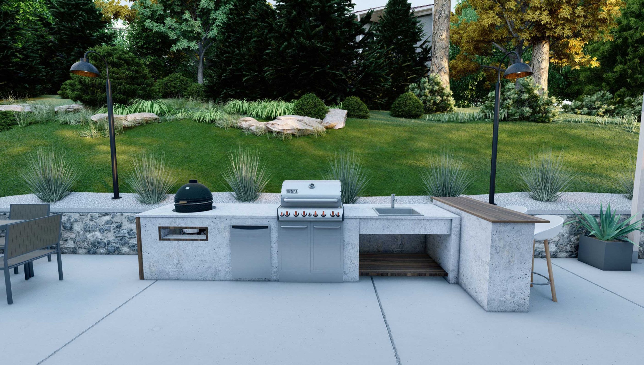 Modern outdoor kitchen with built-in gas grill, charcoal grill, sink, and mini fridge in Millburn, New Jersey back yard design