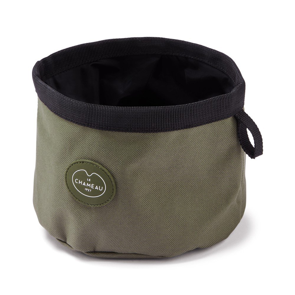 Olive green portable travel dog bowl.