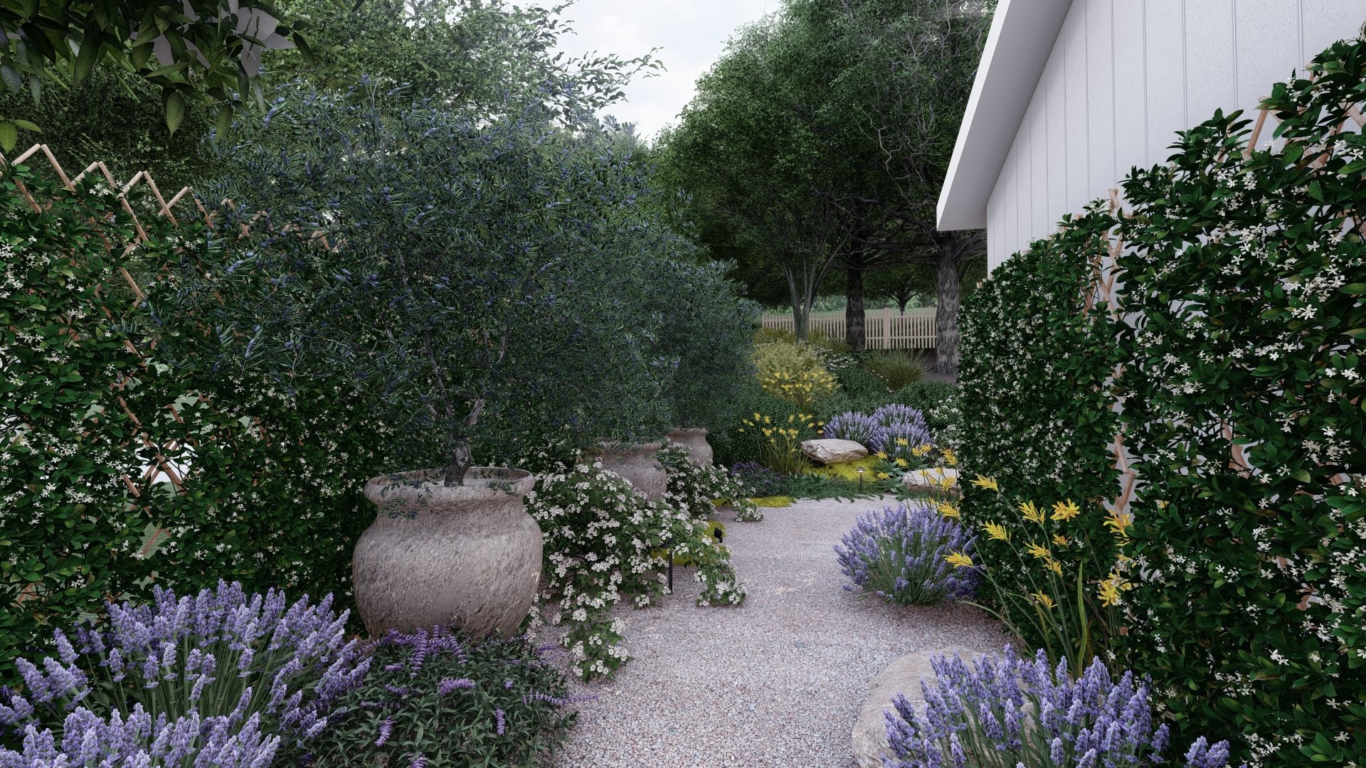 Graveled-paved side yard, designed with plants and flowers