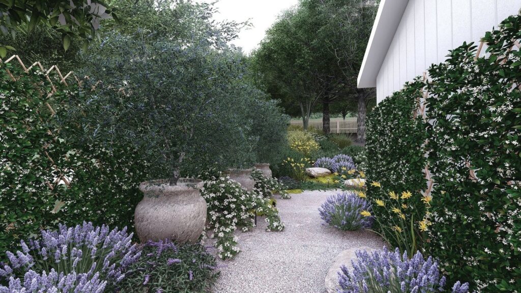 Cottage style side yard with gravel walkway