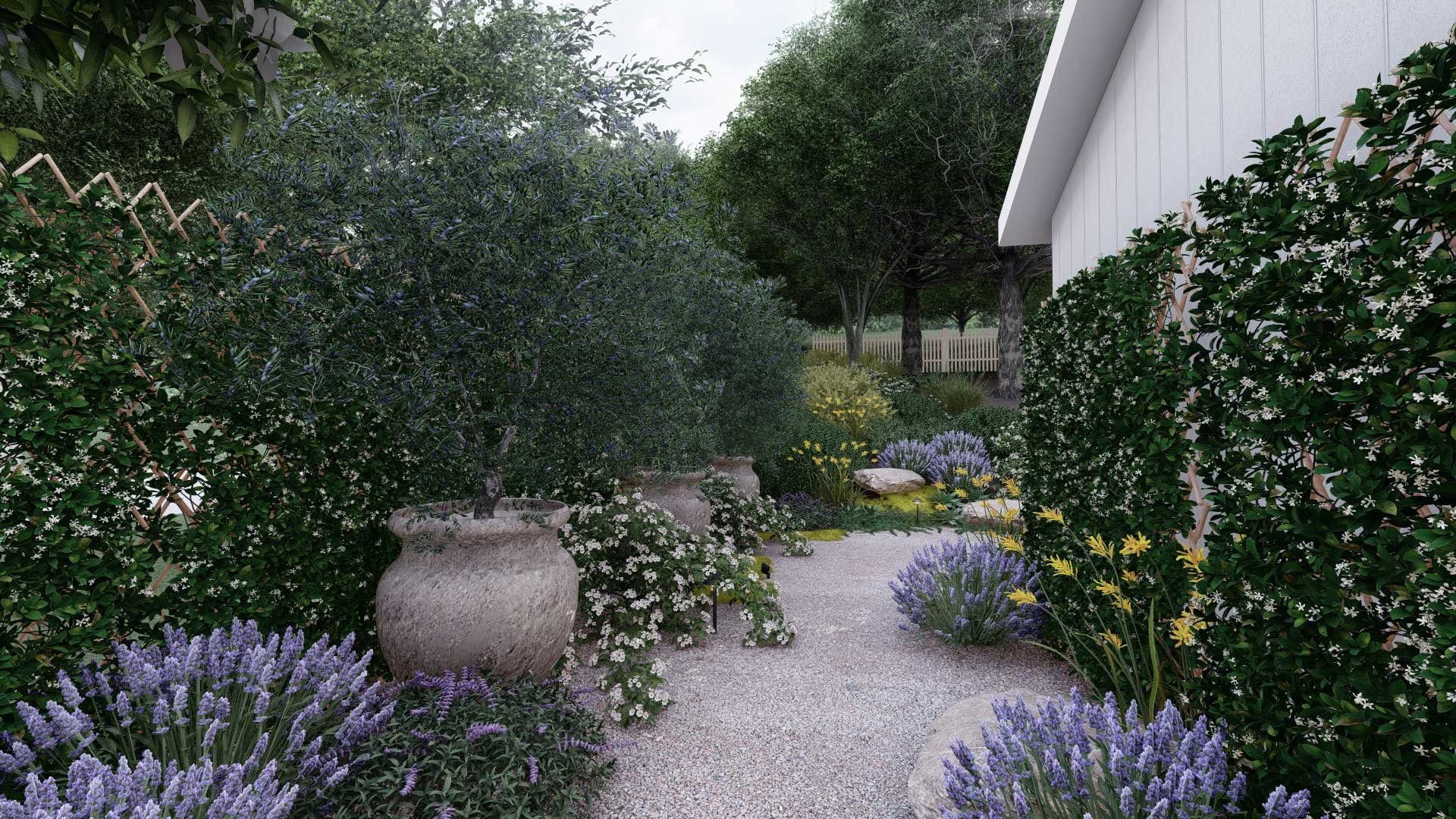 Side yard with light colored gravel and lush cottage style flowering plants