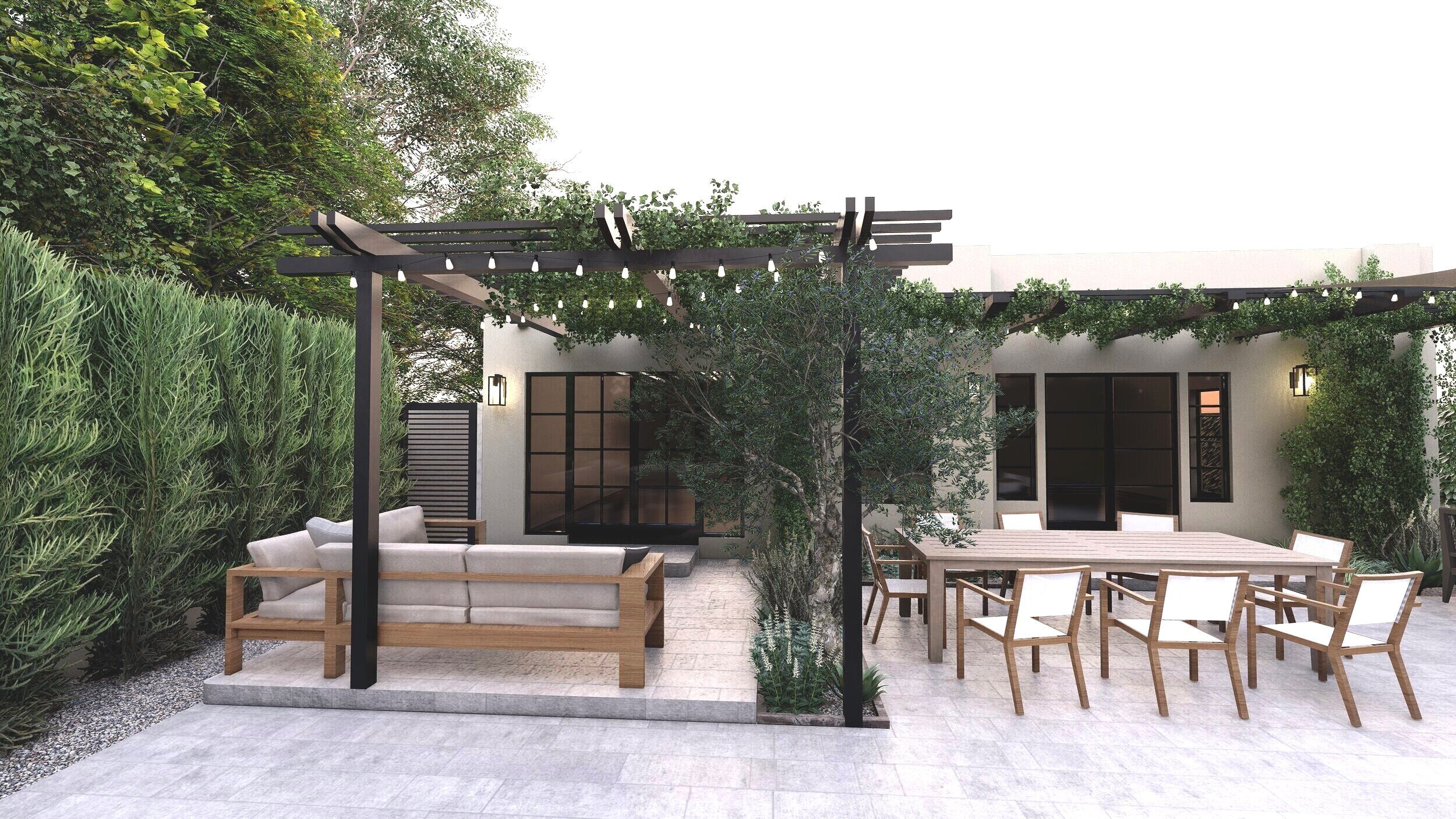 Concrete-floored yard, a pergola with lighting, outdoor sofa, outdoor dining and ornamental plants.