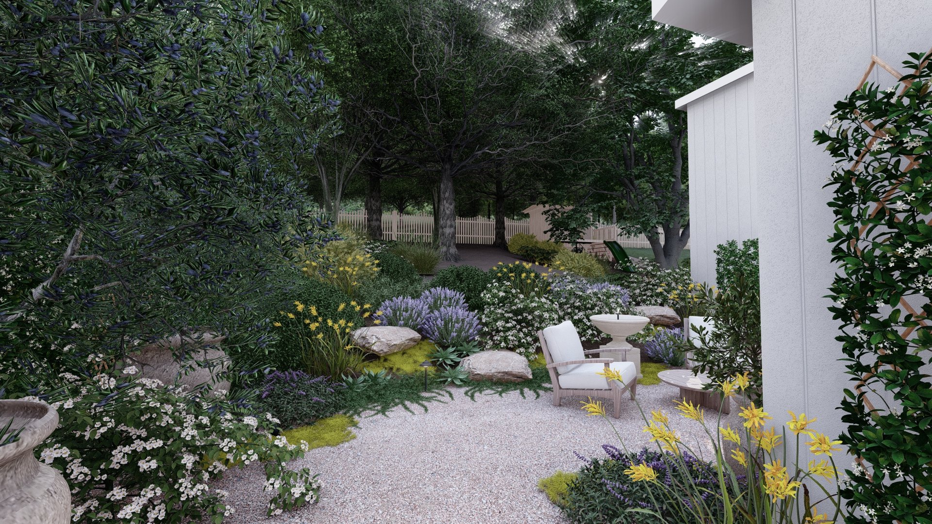 Gravel-floored cottage garden with outdoor furniture and ornamental plants