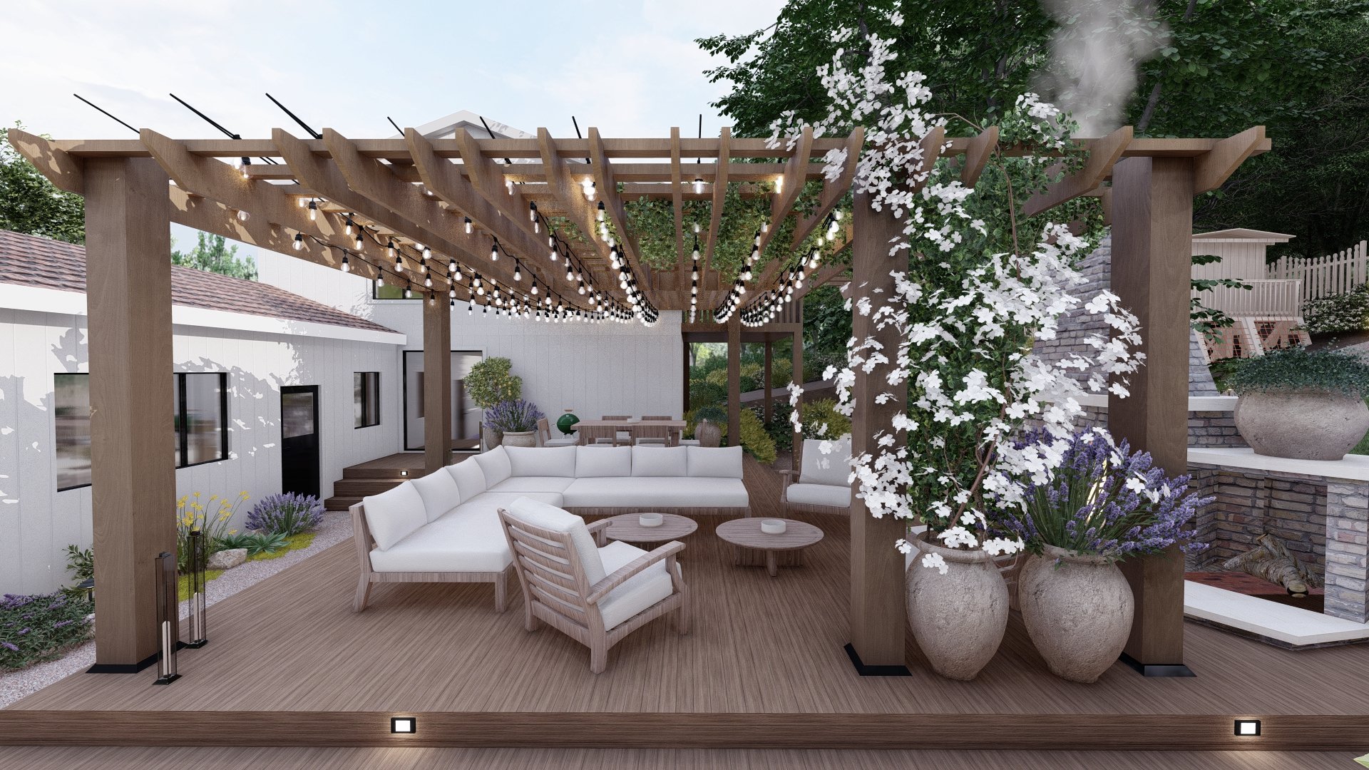 Pergola with lighting, wooden deck , outdoor furniture and ornamental plants