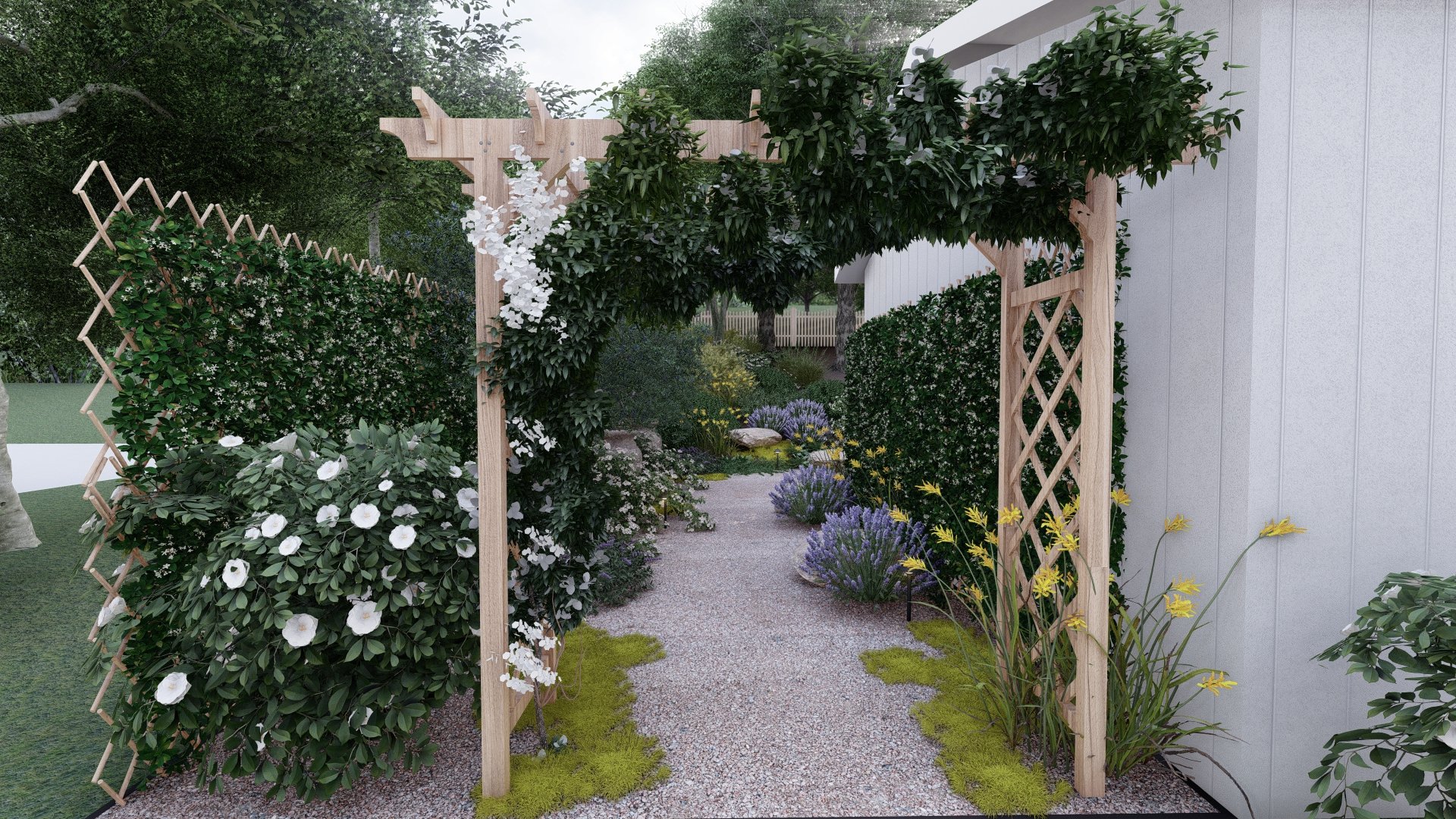 Gravel-floored cottage garden with pergola and ornamental plants.