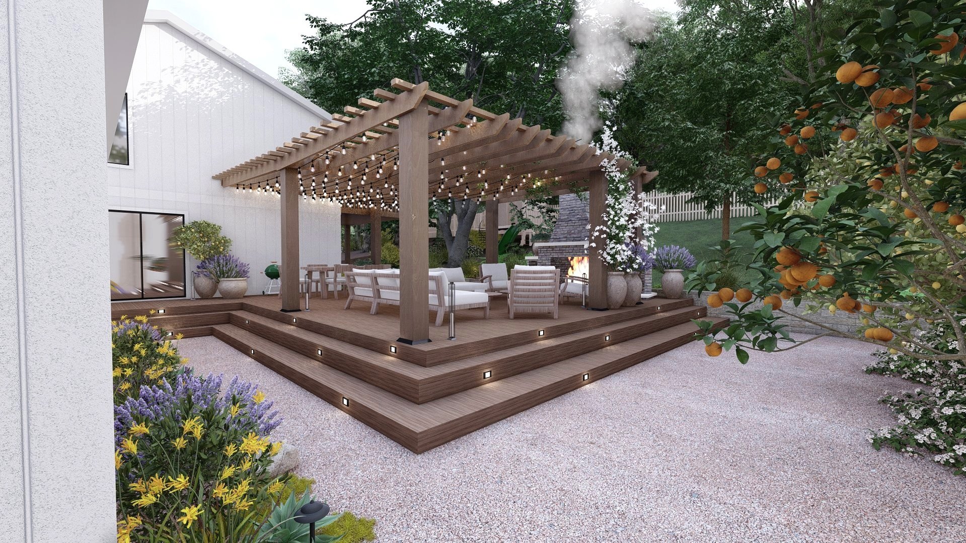 Graveled backyard, deck social area, pergola with whimsical lights, fireplace, fruit plants, flowers