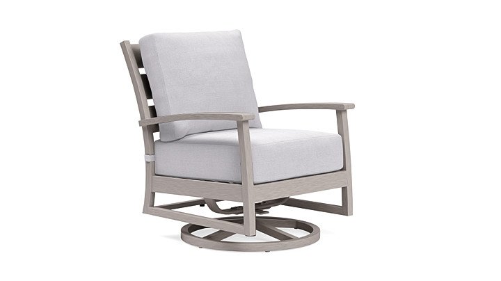 Outdoor swivel rocking chair with metal frame painted to look like weathered teak and thick grey cushions