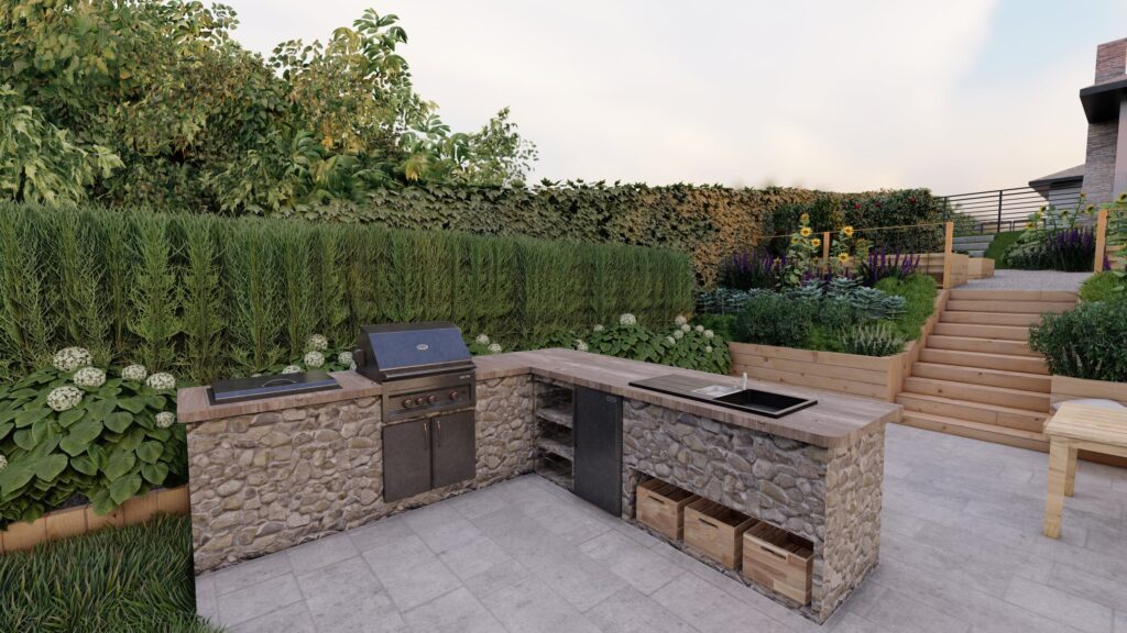 L-shaped custom built-in outdoor kitchen with cobblestone and butcher block finishes that includes a cooktop, grill, fridge, sink, and ample storage.