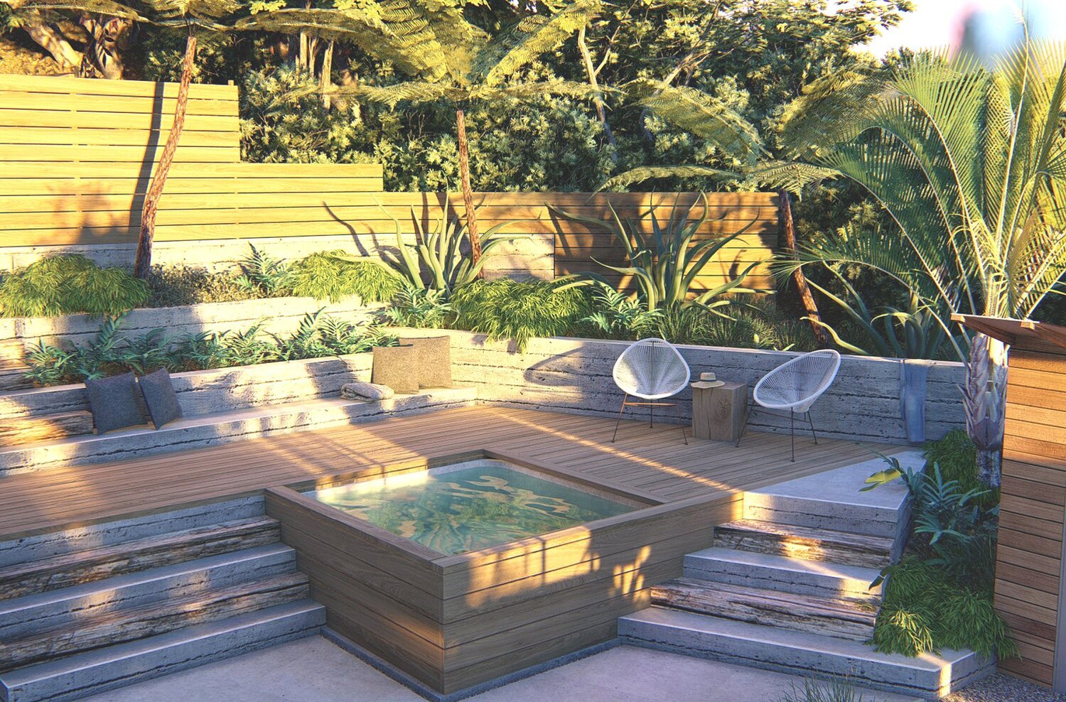 Retaining wall with a sitting area on a deck, a hot tub, and lush plants