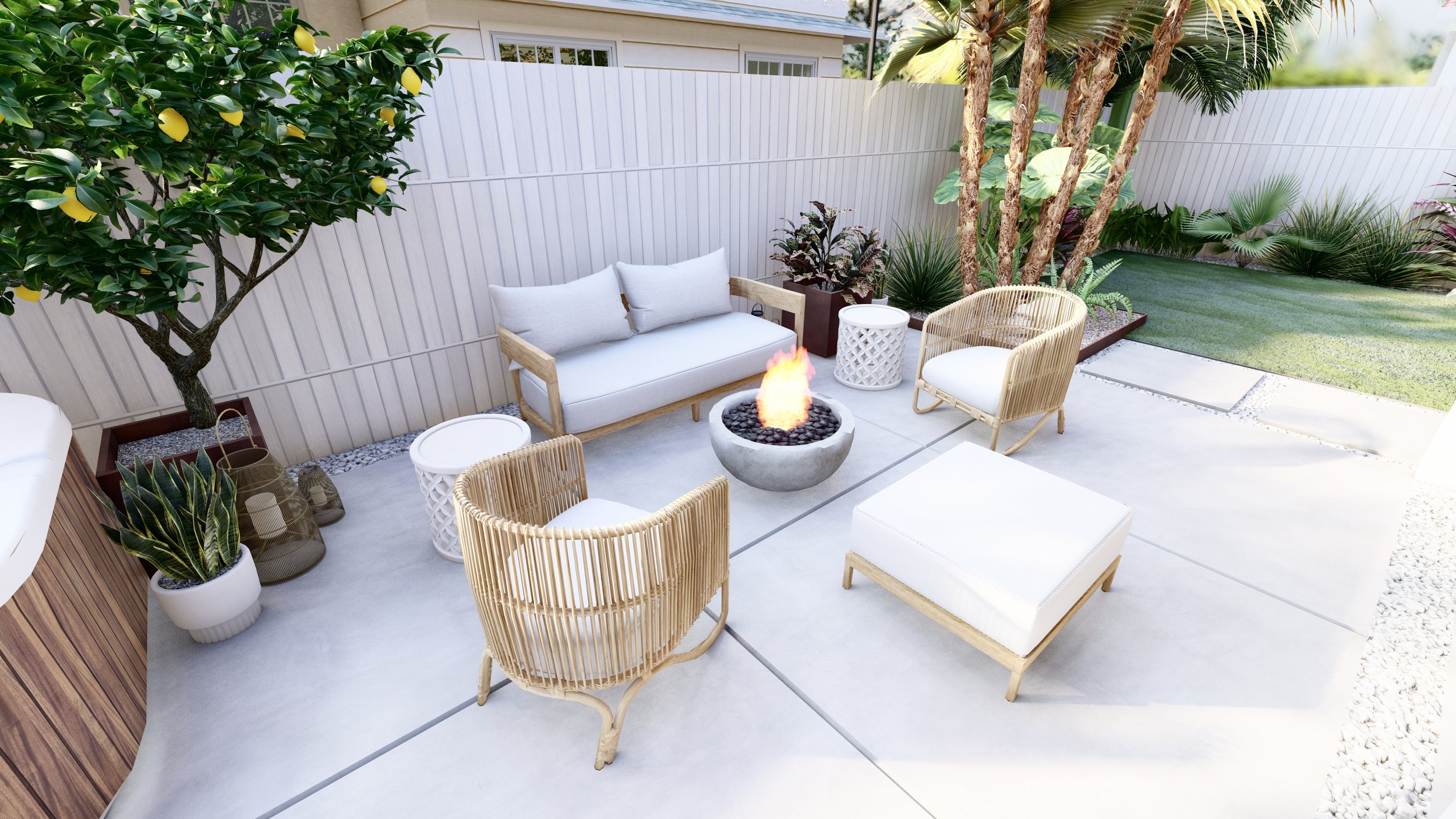 Florida patio design with Balmain sofa, modern fire pit, and bohemian rattan lounge chairs.