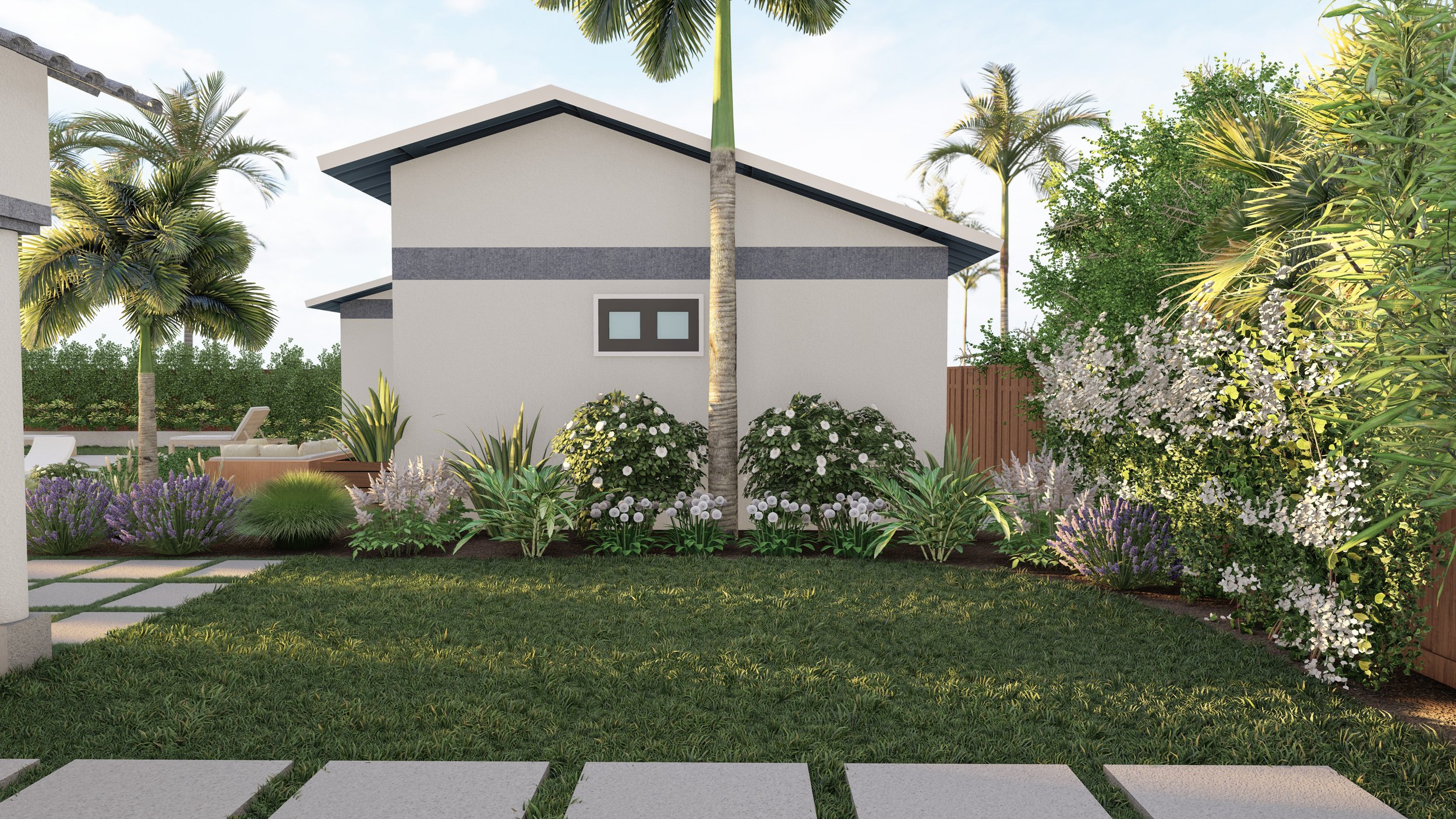 Side yard with paver walkway and lush tropical plantings