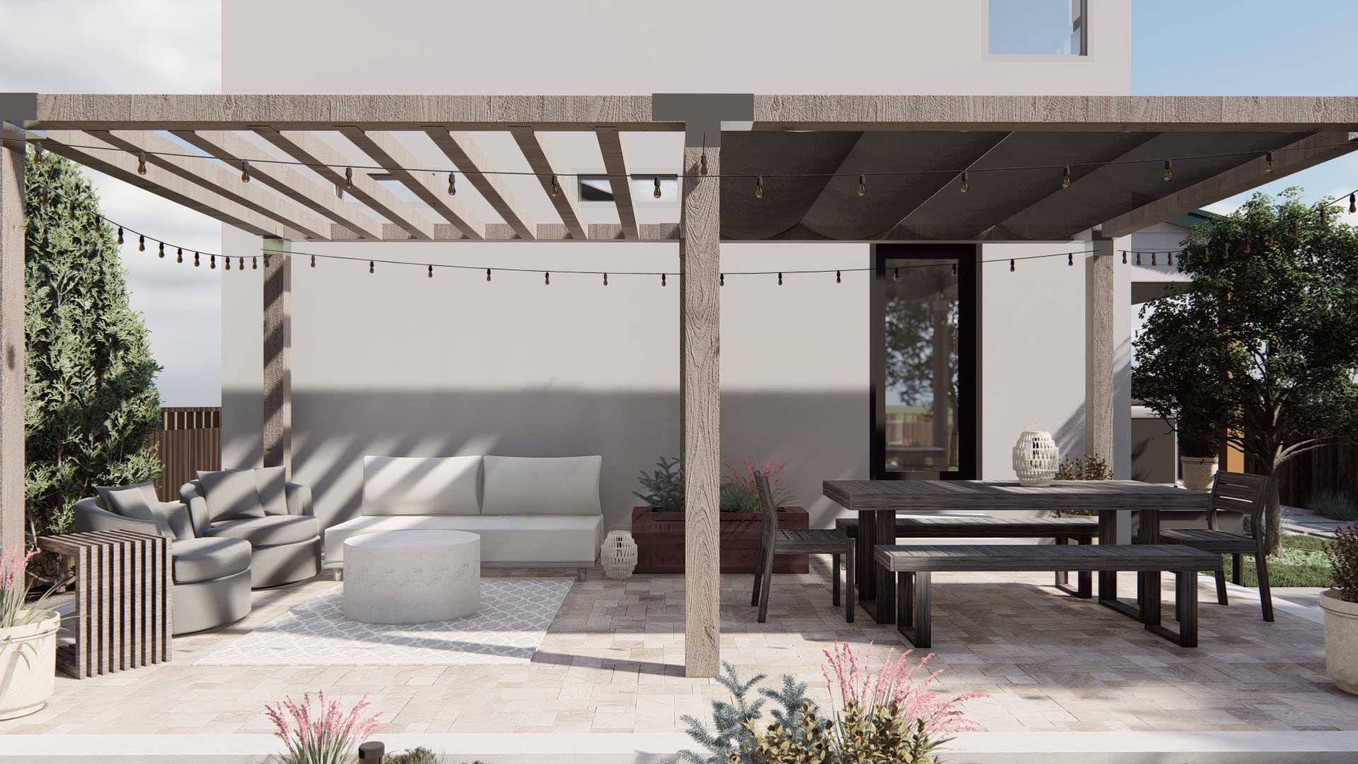 Backyard with pergola covered seating area and dining area