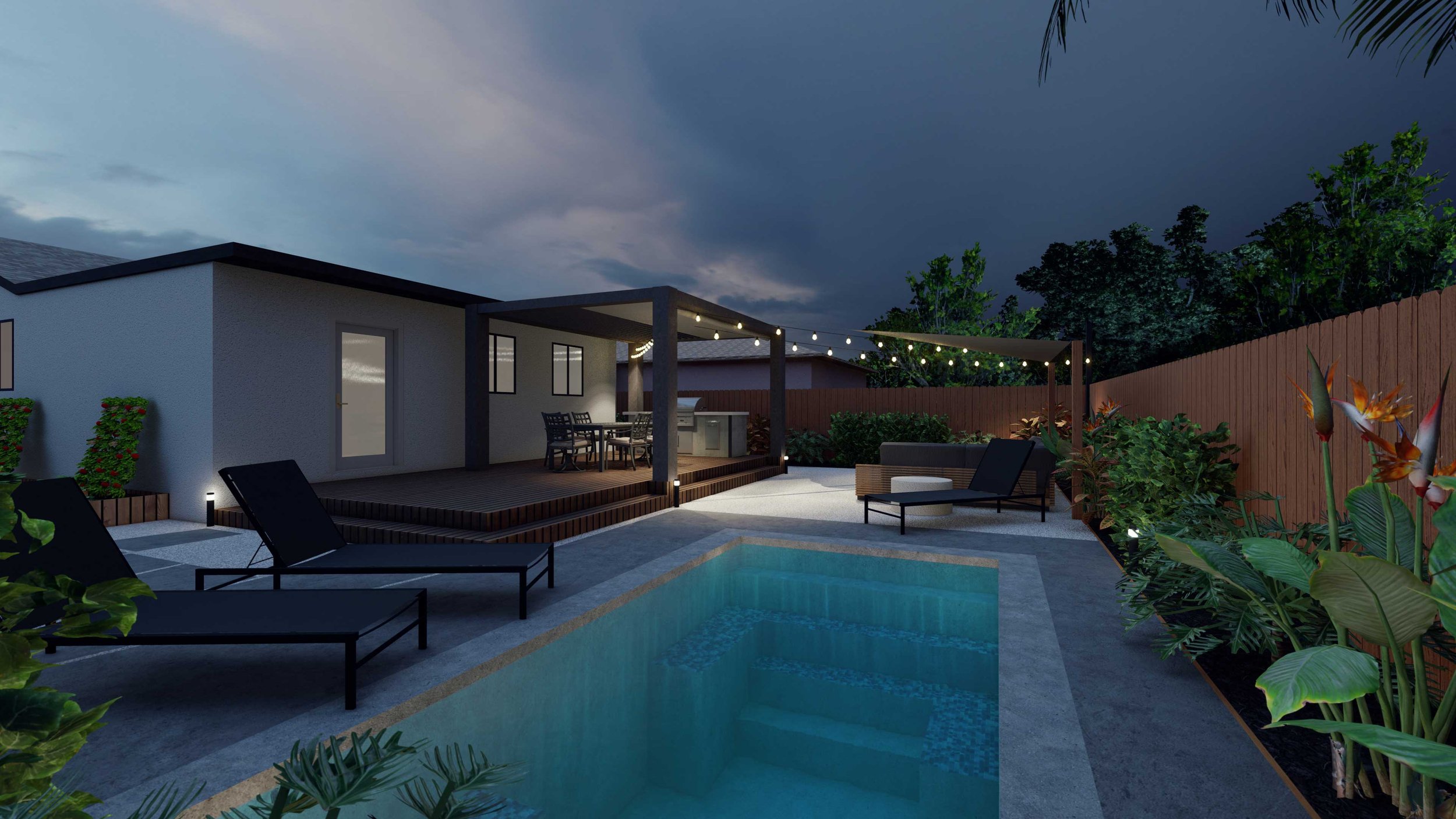 Nighttime view of backyard with plunge pool and outdoor lounge areas