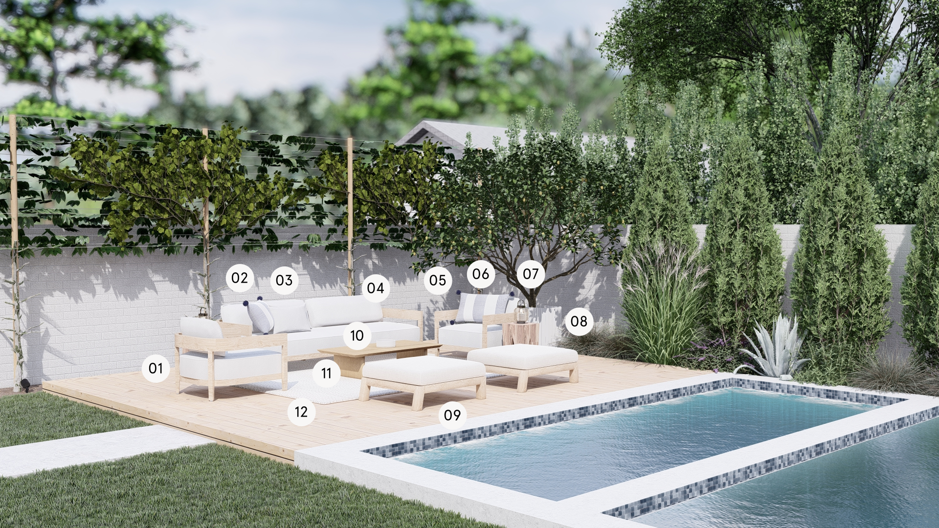 Fenced yard, outdoor sitting area with ottoman, white rug, pillows, lawn, plants and trees, pool