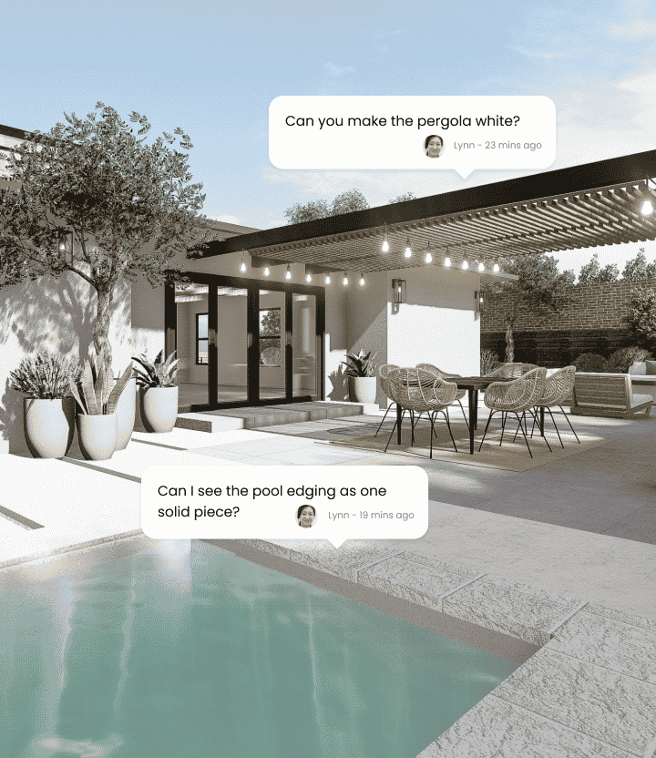 3D render of backyard design with dialog boxes showing feedback from Yardzen client on design elements