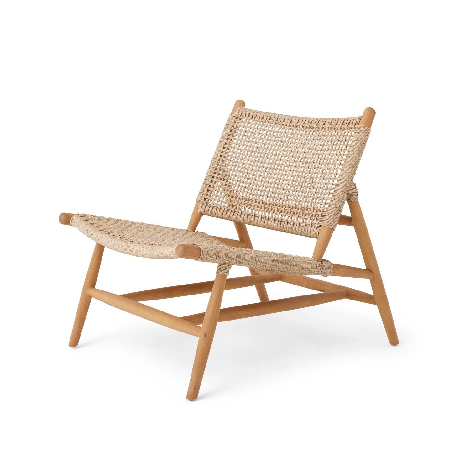Rattan lounge chair with teak peg-style frame and legs.