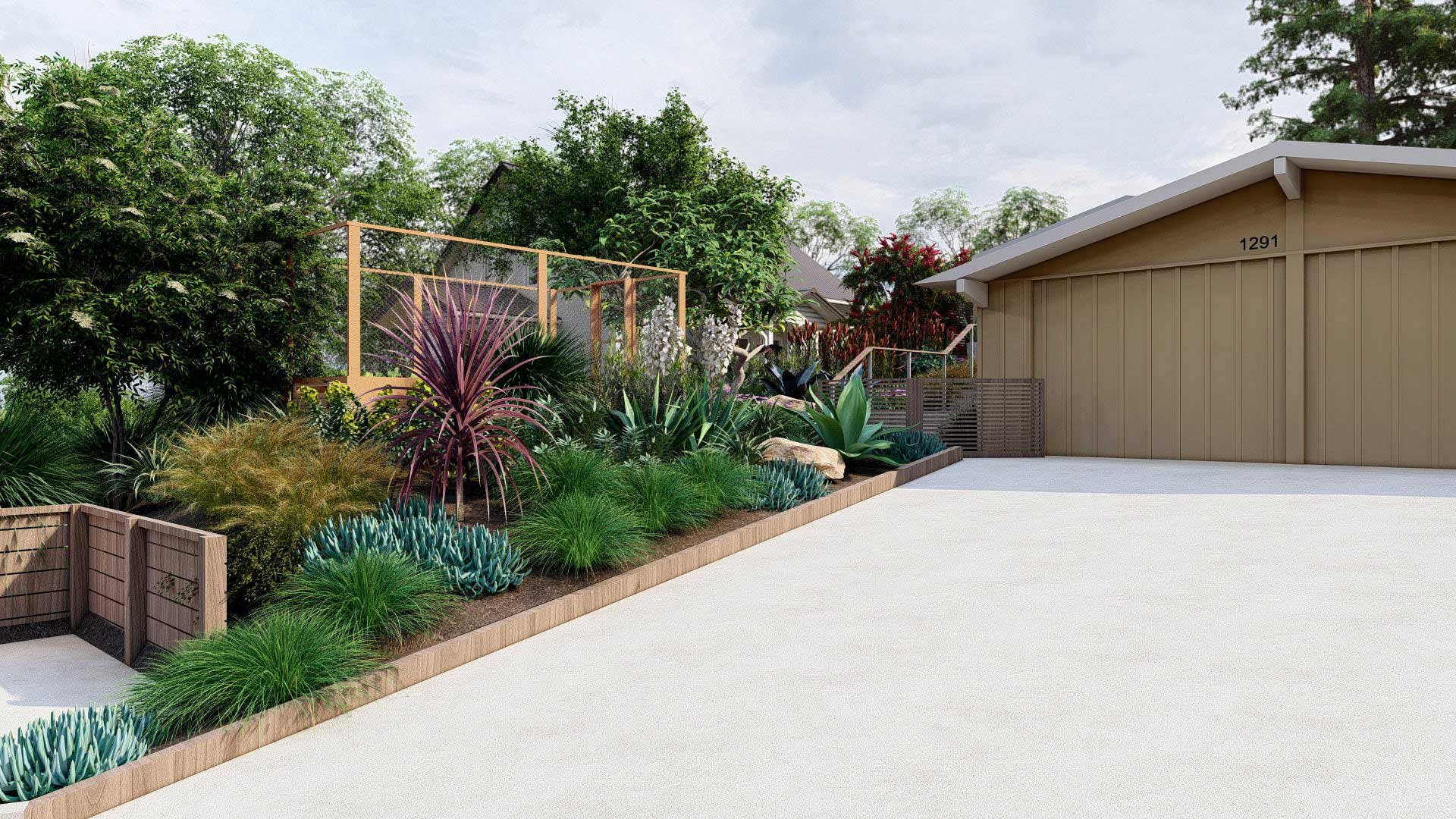 Vegetable bed near garage and driveway on sloped front yard landscape design