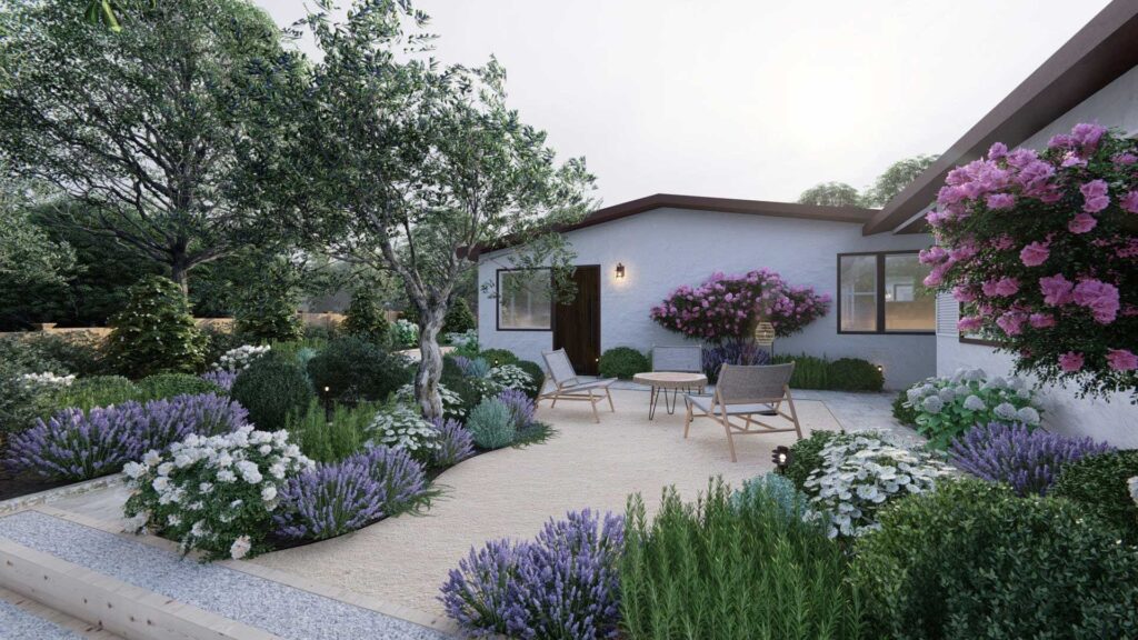 Single story home with decomposed granite paths and seating area surrounded by lush drought tolerant planting areas