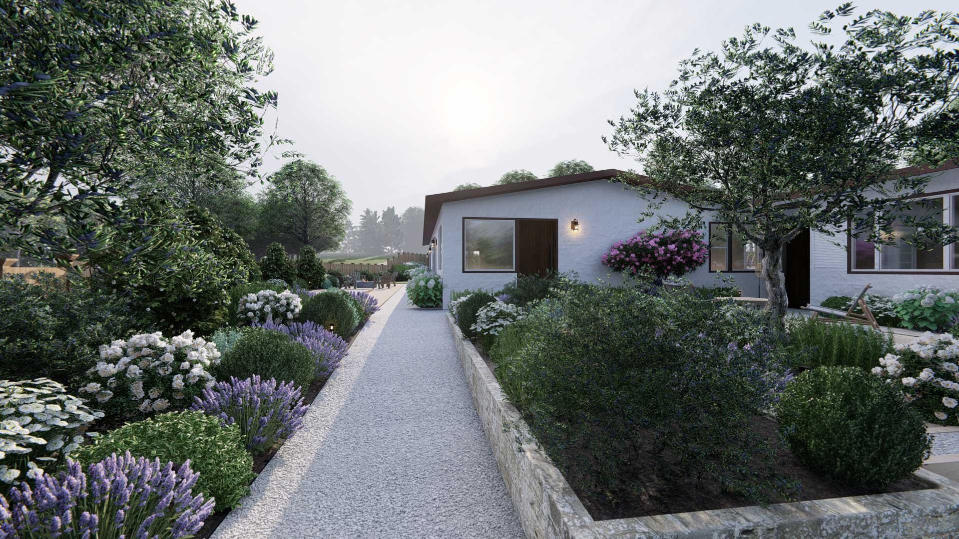  A repeating pattern of shrubs and blooms lends formality to the otherwise simple gravel path. 