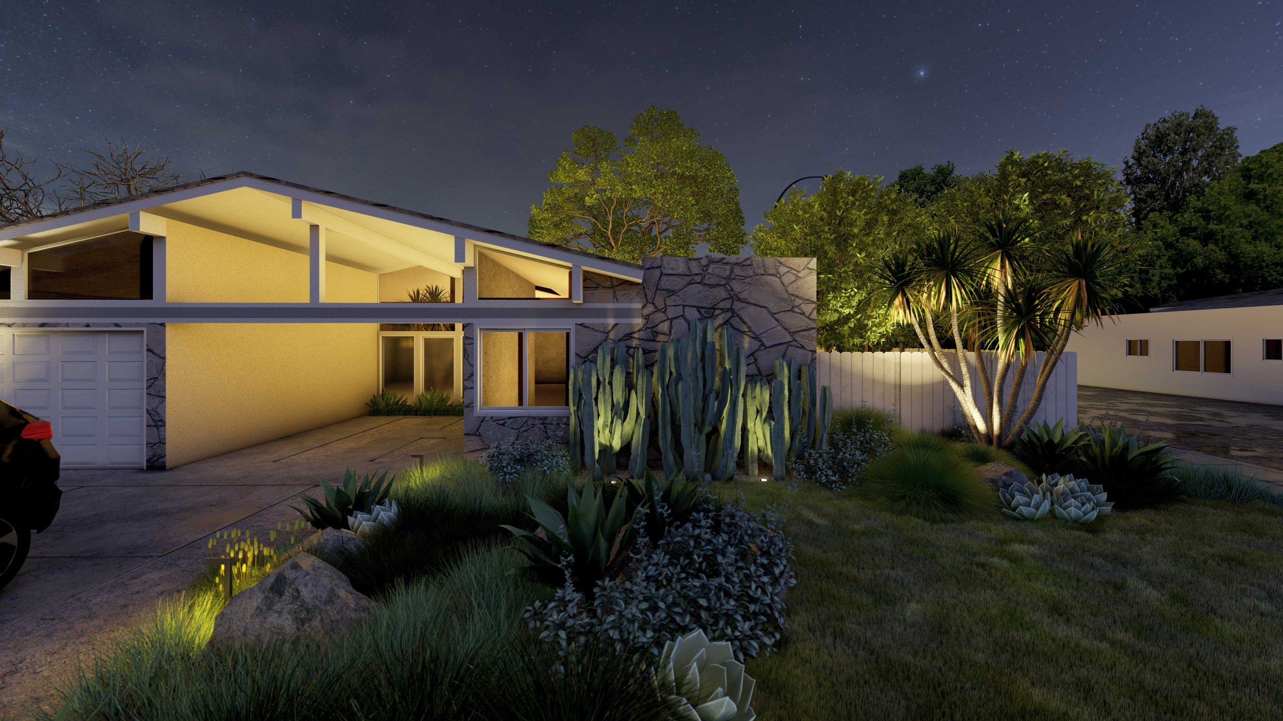  Uplighting takes full advantage of the Yucca and Candelabra Cactus - just be sure to turn the lights off when you go to bed to avoid disrupting the local ecosystem. 