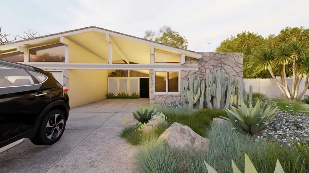 Mid-Century style home with paved driveway and front yard landscaping with drought tolerant grasses, succulents, and cacti