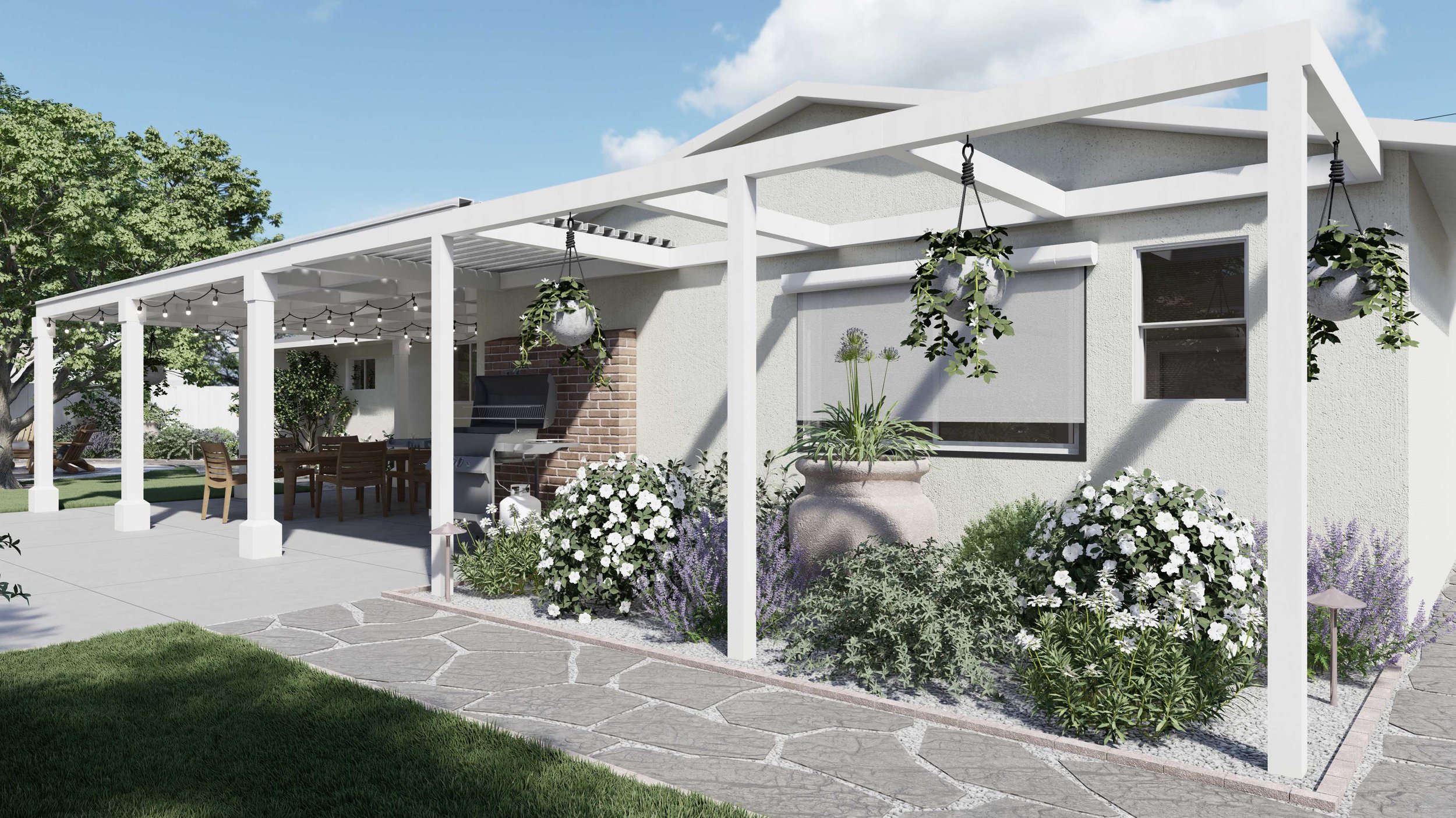 Airy pergola with densely planted outdoor kitchen and dining area along the house’s rear wall
