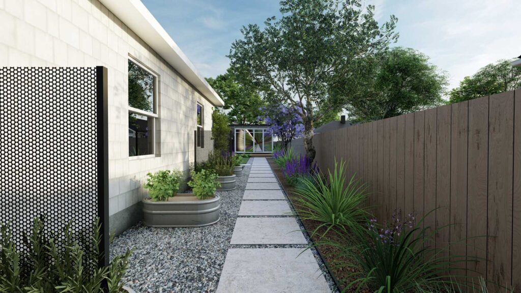 Side yard with gravel and paver pathway with garden beds